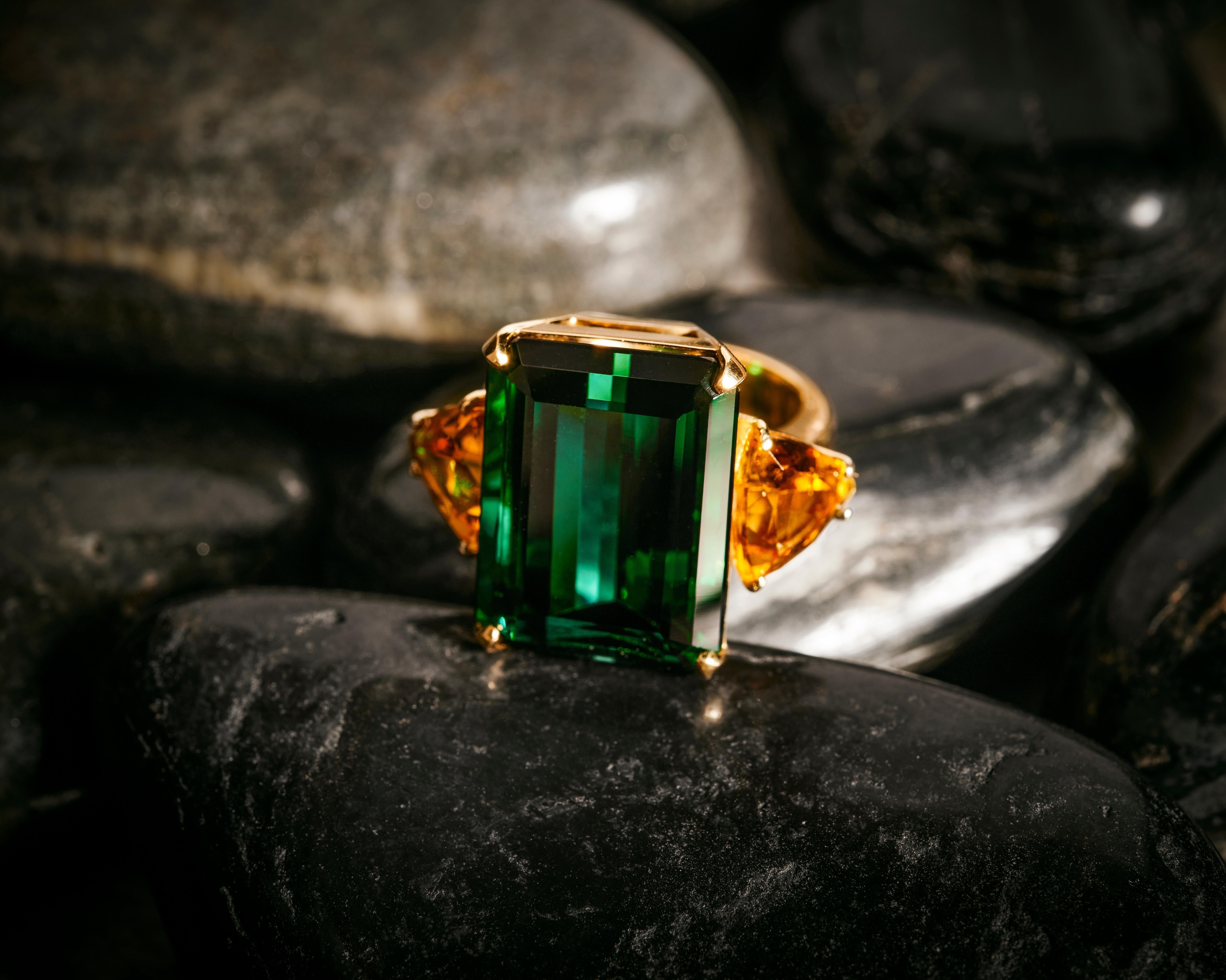 Emerald Cut 18K Yellow Gold Cocktail Ring with Tourmaline and Yellow Beryls On Made To Order For Sale