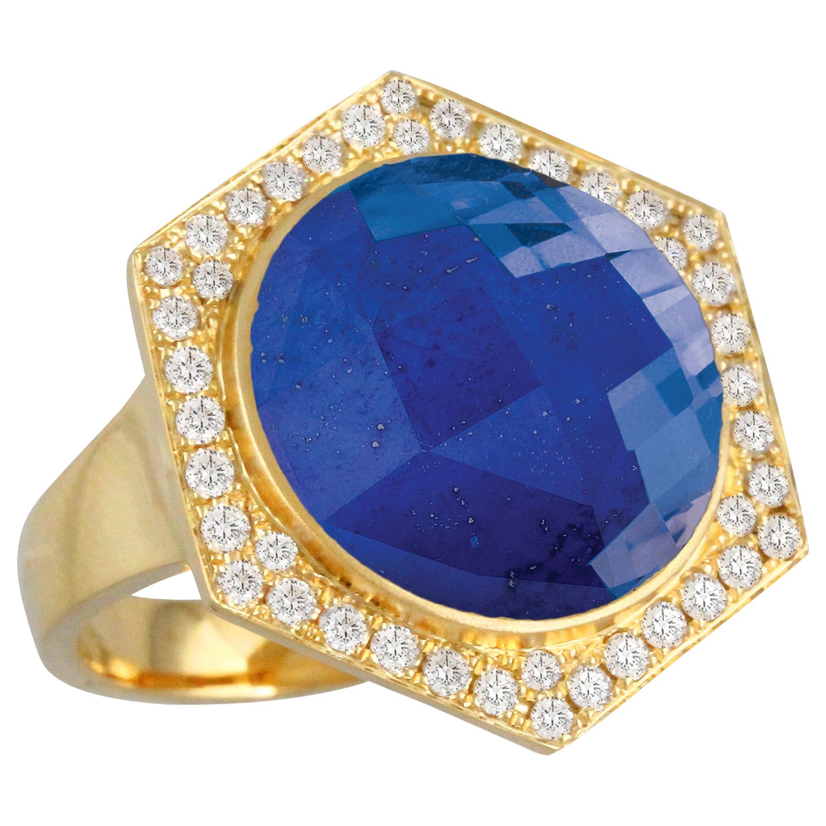 18K Yellow Gold Cocktail Ring with Lapis Lazuli Rock Crystal Quartz and Diamonds For Sale