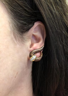 18 Karat Gold Cocobolo Wood and Diamond Wave Earrings Signed Fred Leighton