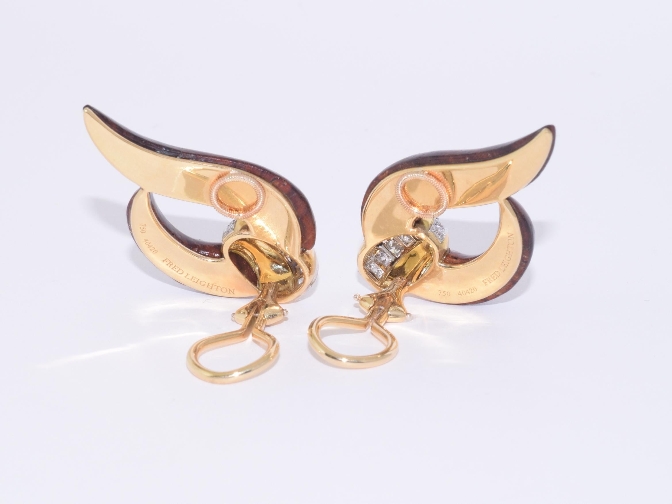 Boucles d'oreilles vagues en or 18 carats, bois de cocobolo et diamants signées Fred Leighton Neuf - En vente à New York, NY