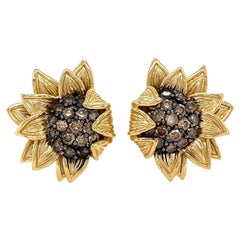18K Yellow Gold Cognac Diamond Sunflower Earrings