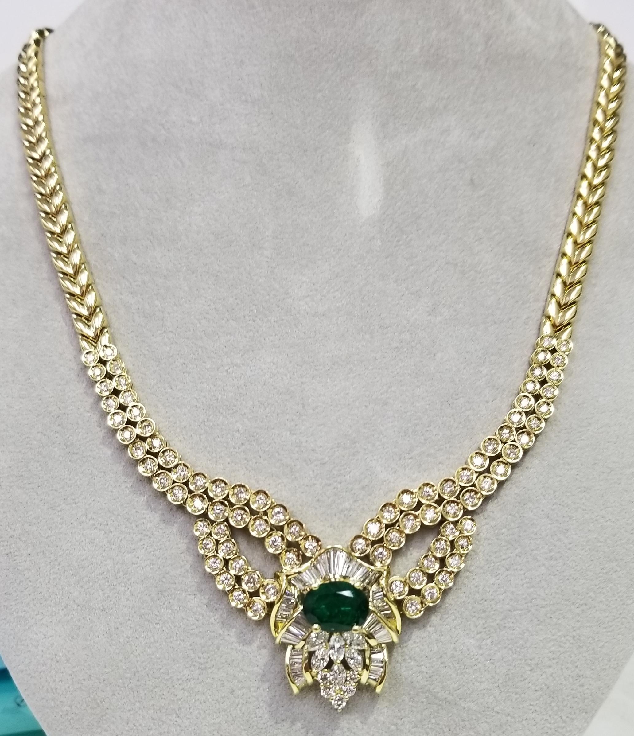 Surprise a special woman in your life with this large, breathtaking, statement ruby diamond necklace.This eye-catching pendant necklace features 4.74ct Colombian emerald and diamonds, all set in 18K yellow gold.
Specifications:
    main stone: OVAL