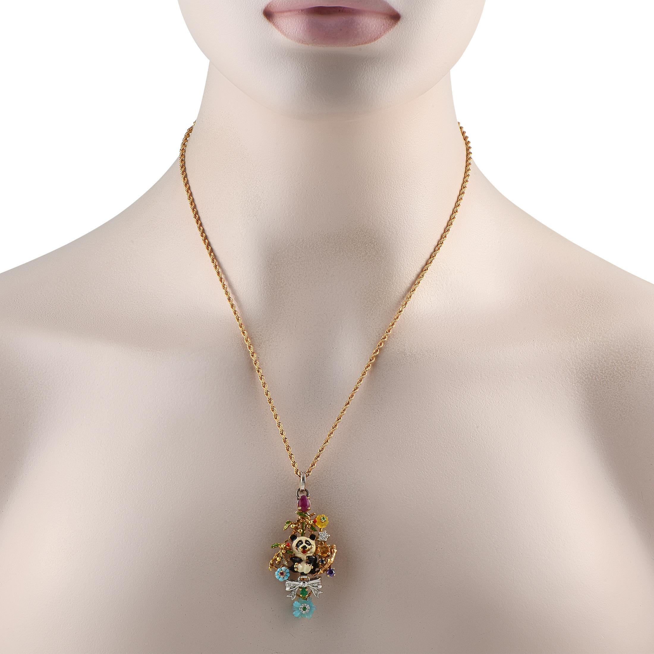 This 18K Yellow Gold necklace is colorful, whimsical, and incredibly charming. Suspended from a 19 rope chain, youll find a delightful pendant measuring 2.0 long by 1.0 wide. From the panda bear perched at the center to the array of multicolored