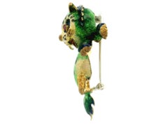 18k Yellow Gold Colorful Enamel Work w/ Ruby Eyes Detailed Kitty Cat Pin Brooch