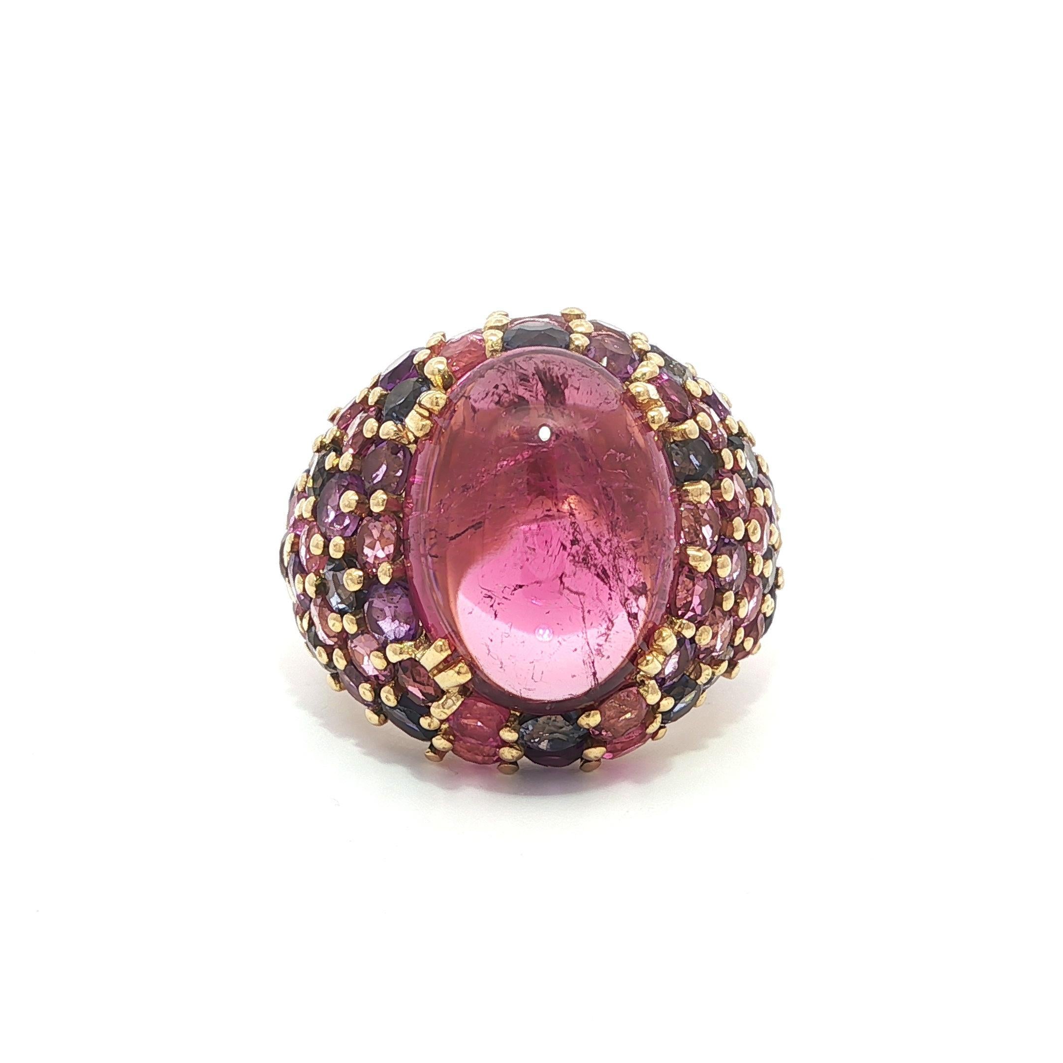Bague en or jaune 18k Tourmaline colorée avec pierres naturelles roses et violettes en vente 8