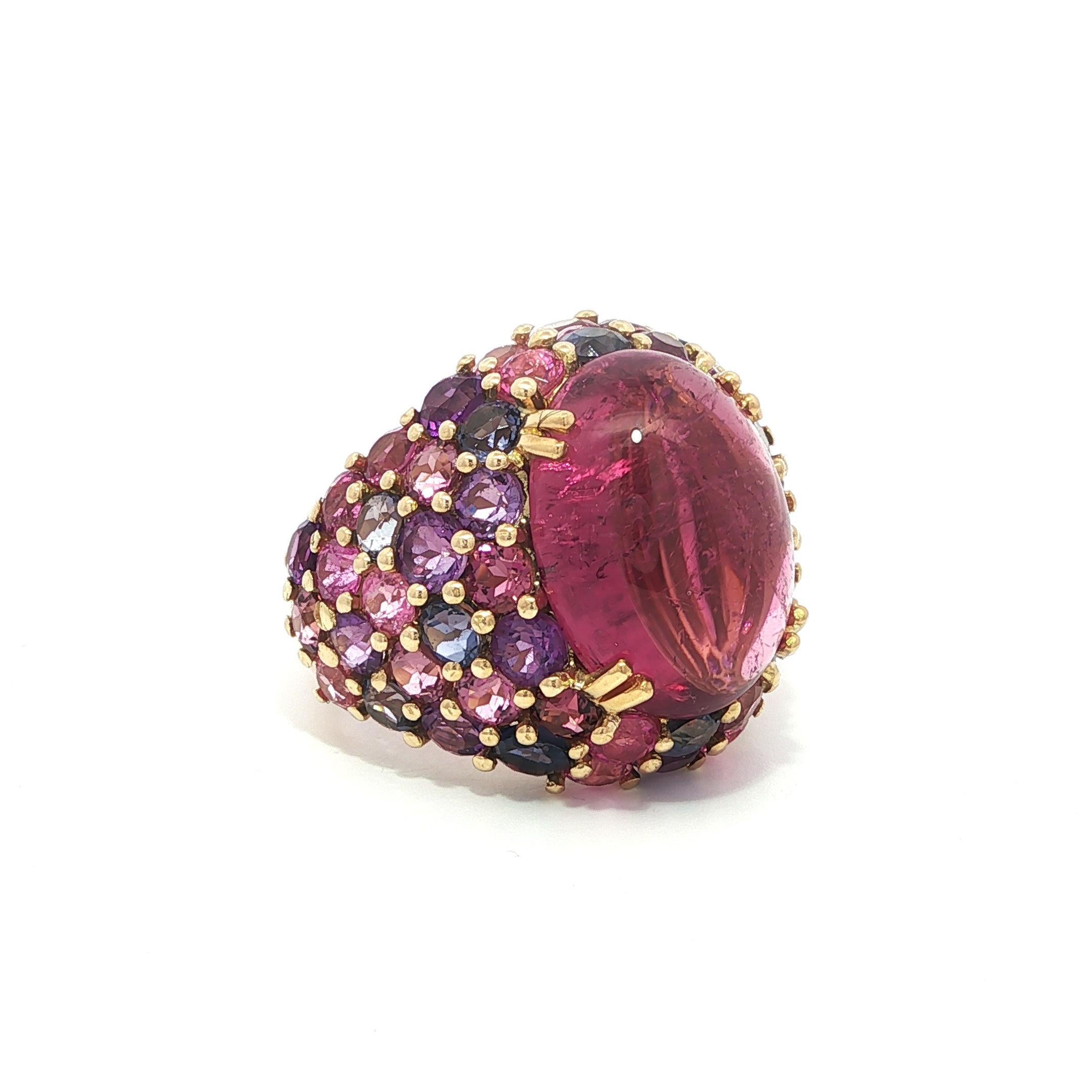 Bague en or jaune 18k Tourmaline colorée avec pierres naturelles roses et violettes en vente 9