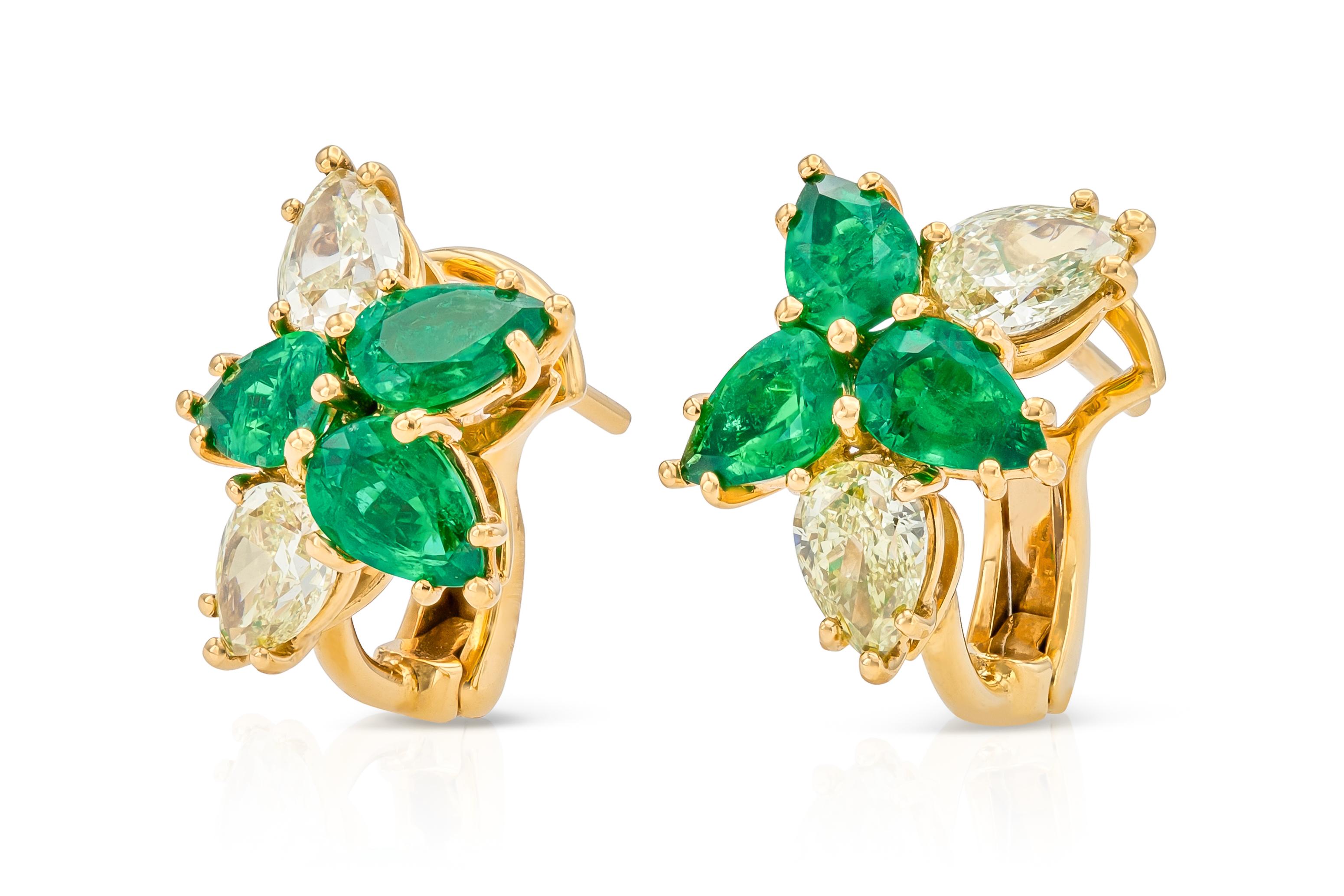 Handmade 18K Yellow Gold Constellation Earrings with 4 Pear Shape Fancy Yellow Diamonds weighting 1.60 carats and 6 Pear Shape Natural Colombian Green Emeralds weighting 1.80 carats