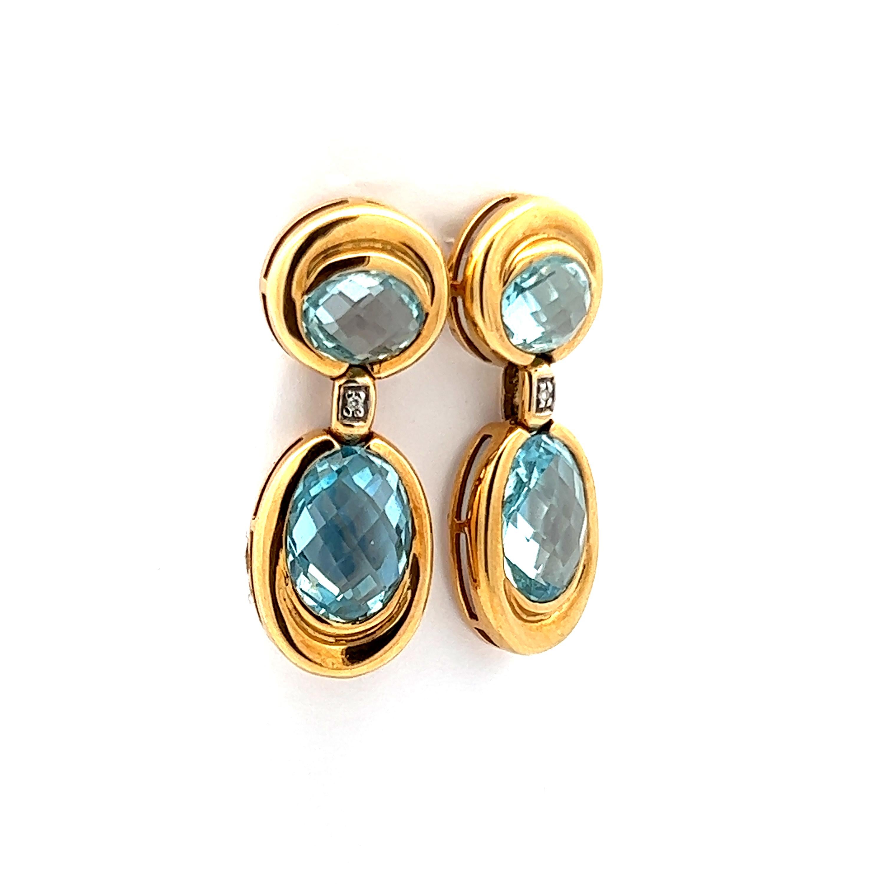 Round Cut 18K Yellow Gold Contemporary Aquamarine & Diamond Earrings  For Sale
