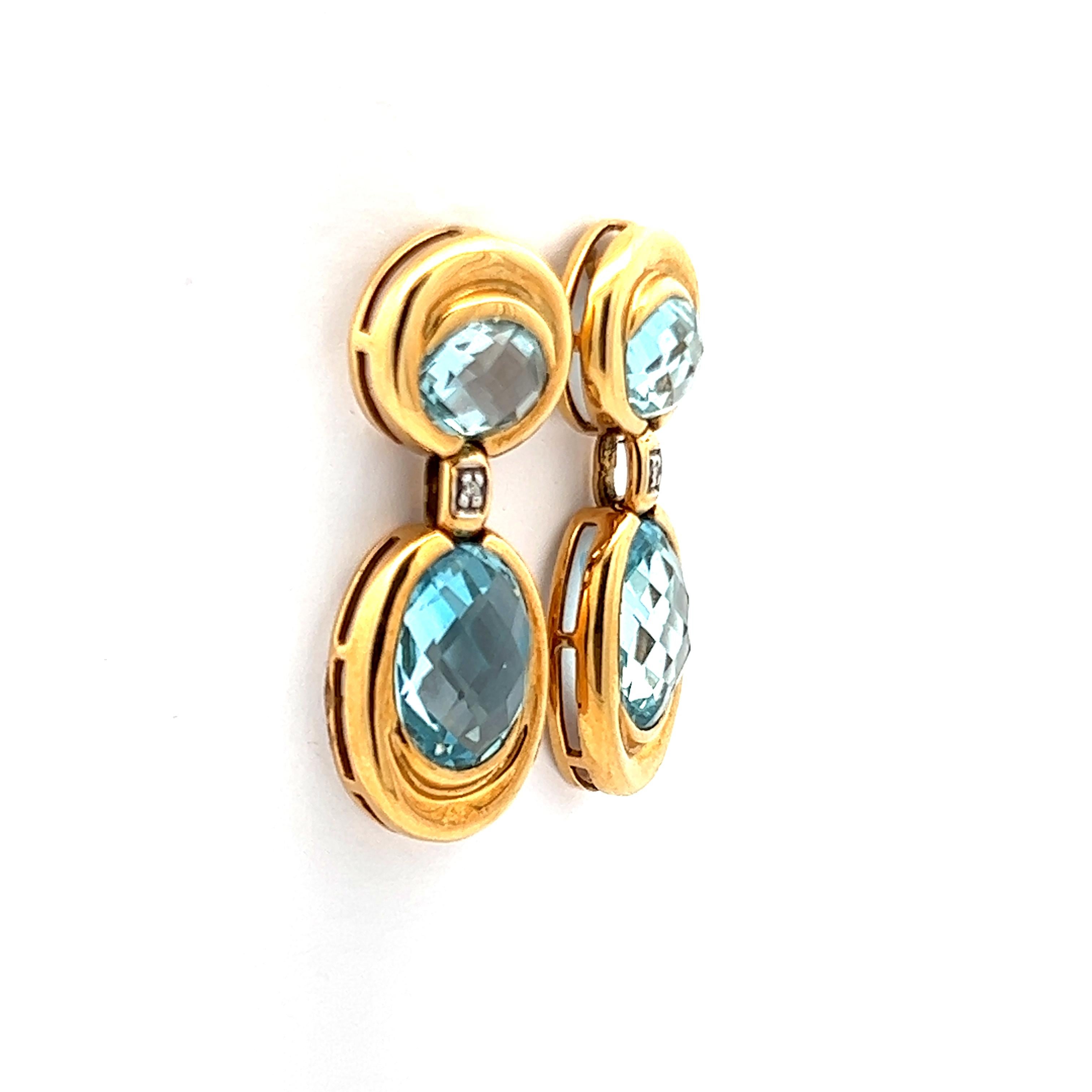 Women's or Men's 18K Yellow Gold Contemporary Aquamarine & Diamond Earrings  For Sale