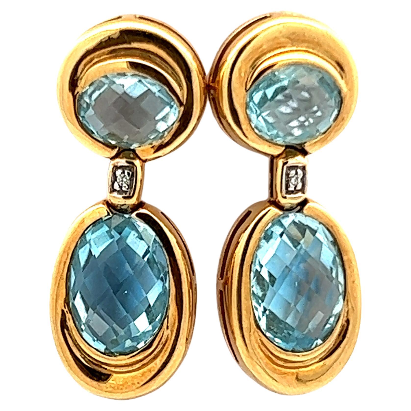 18K Yellow Gold Contemporary Aquamarine & Diamond Earrings 