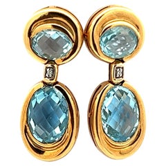 Vintage 18K Yellow Gold Contemporary Aquamarine & Diamond Earrings 