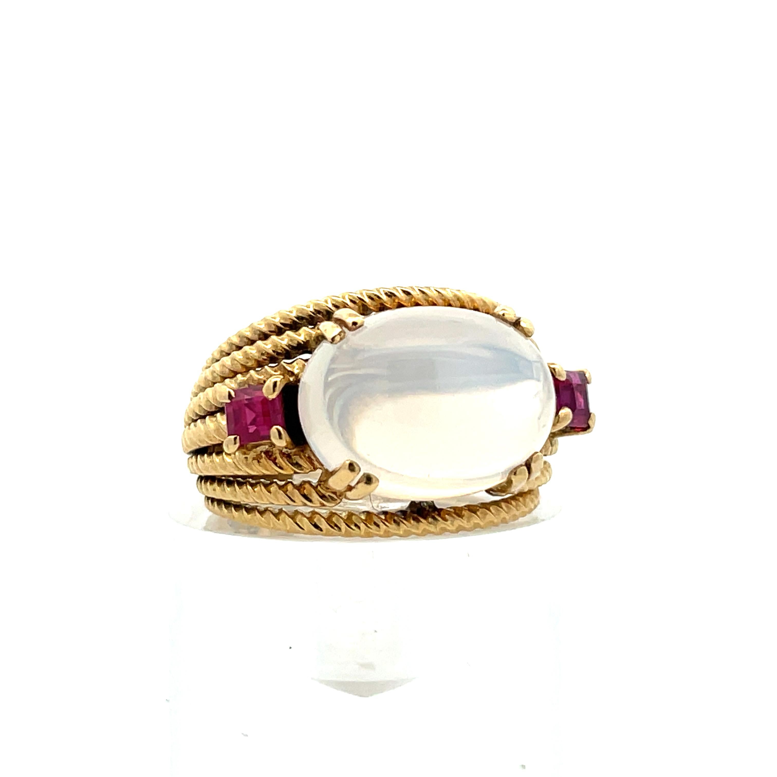 Cabochon 18K Yellow Gold Contemporary-Designer handmade Moonstone & RED Ruby Ring For Sale