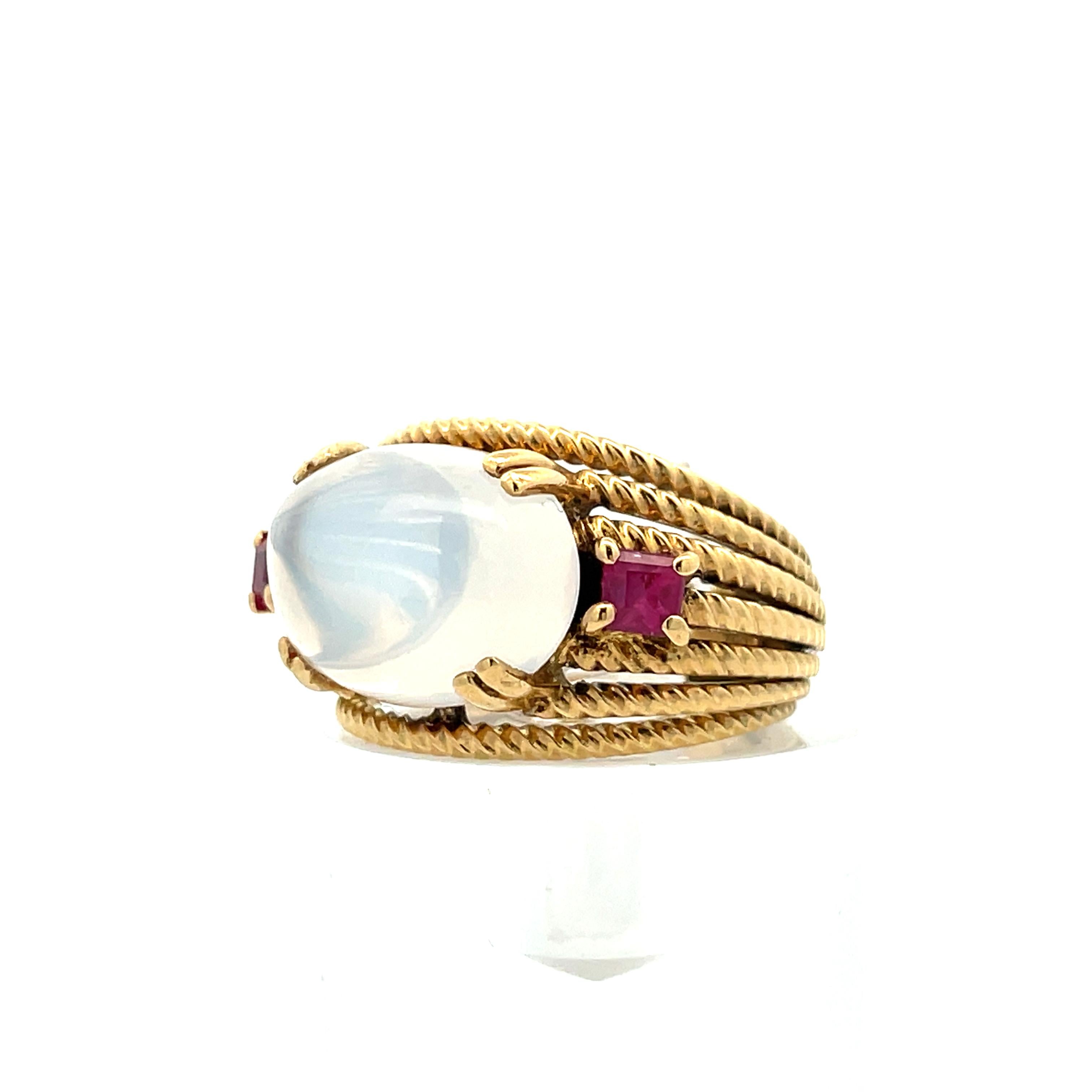 18K Yellow Gold Contemporary-Designer handmade Moonstone & RED Ruby Ring In Excellent Condition For Sale In Lexington, KY