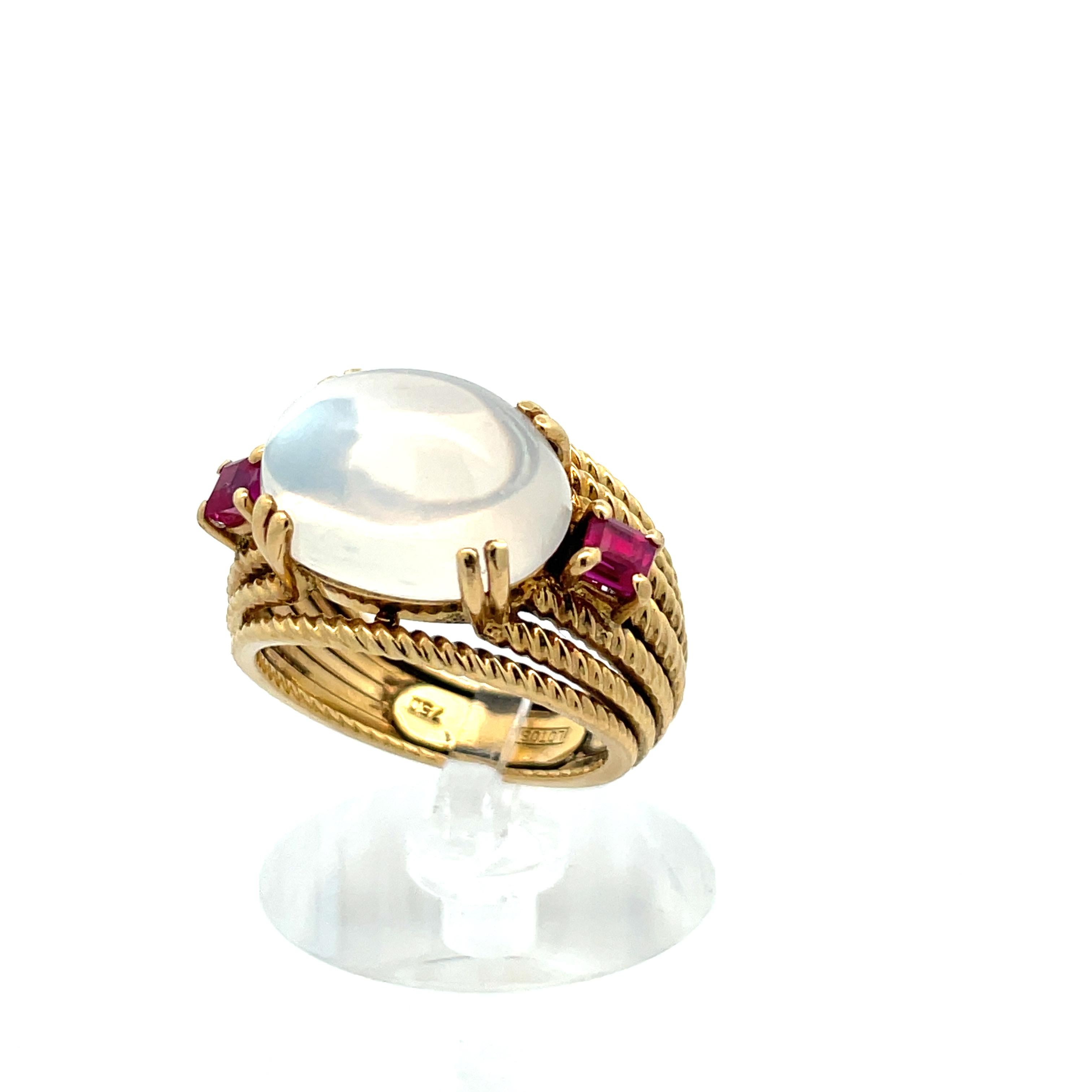 18K Yellow Gold Contemporary-Designer handmade Moonstone & RED Ruby Ring For Sale 1