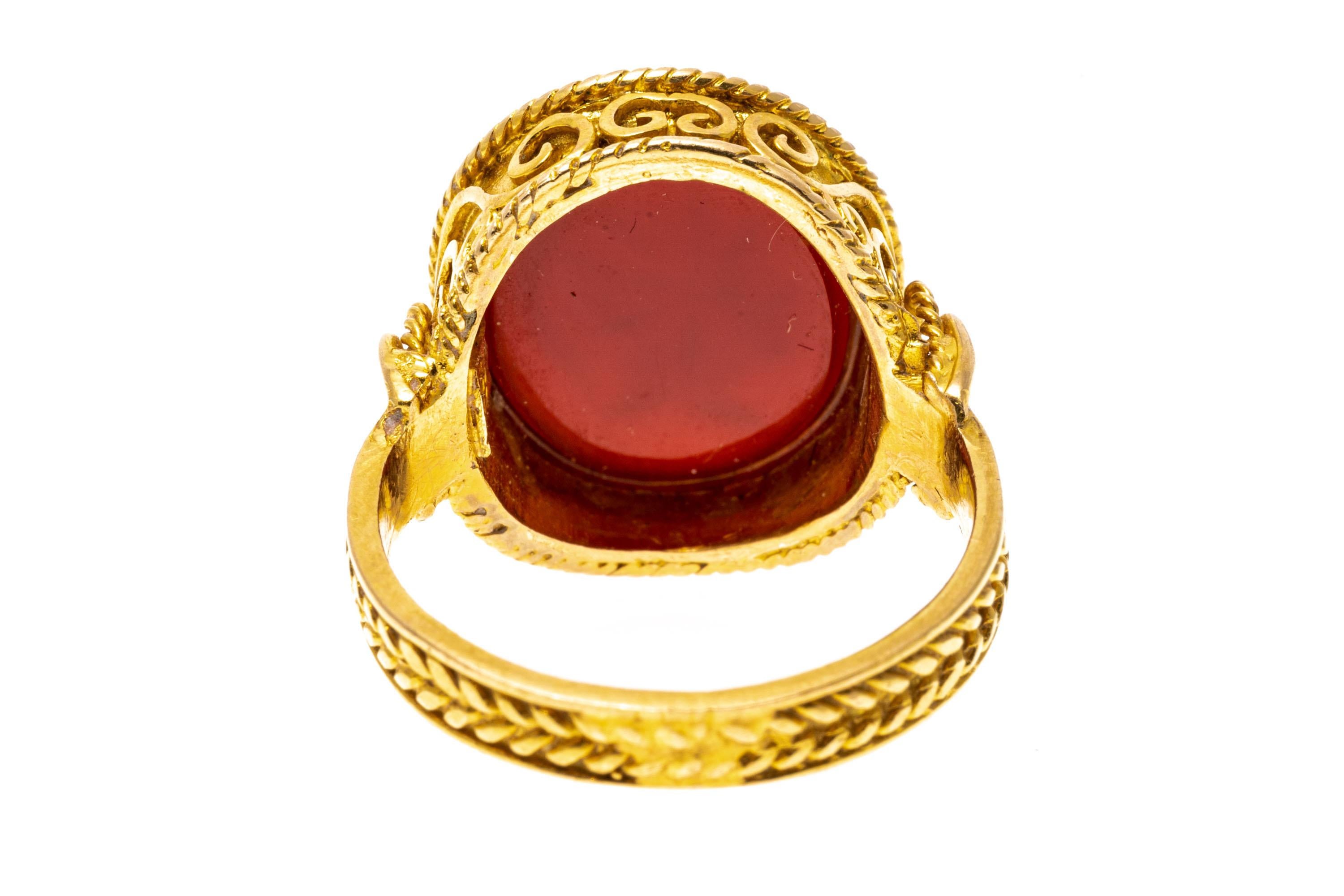 Women's 18k Yellow Gold Contemporary Ornate Carnelian Intaglio Ring For Sale