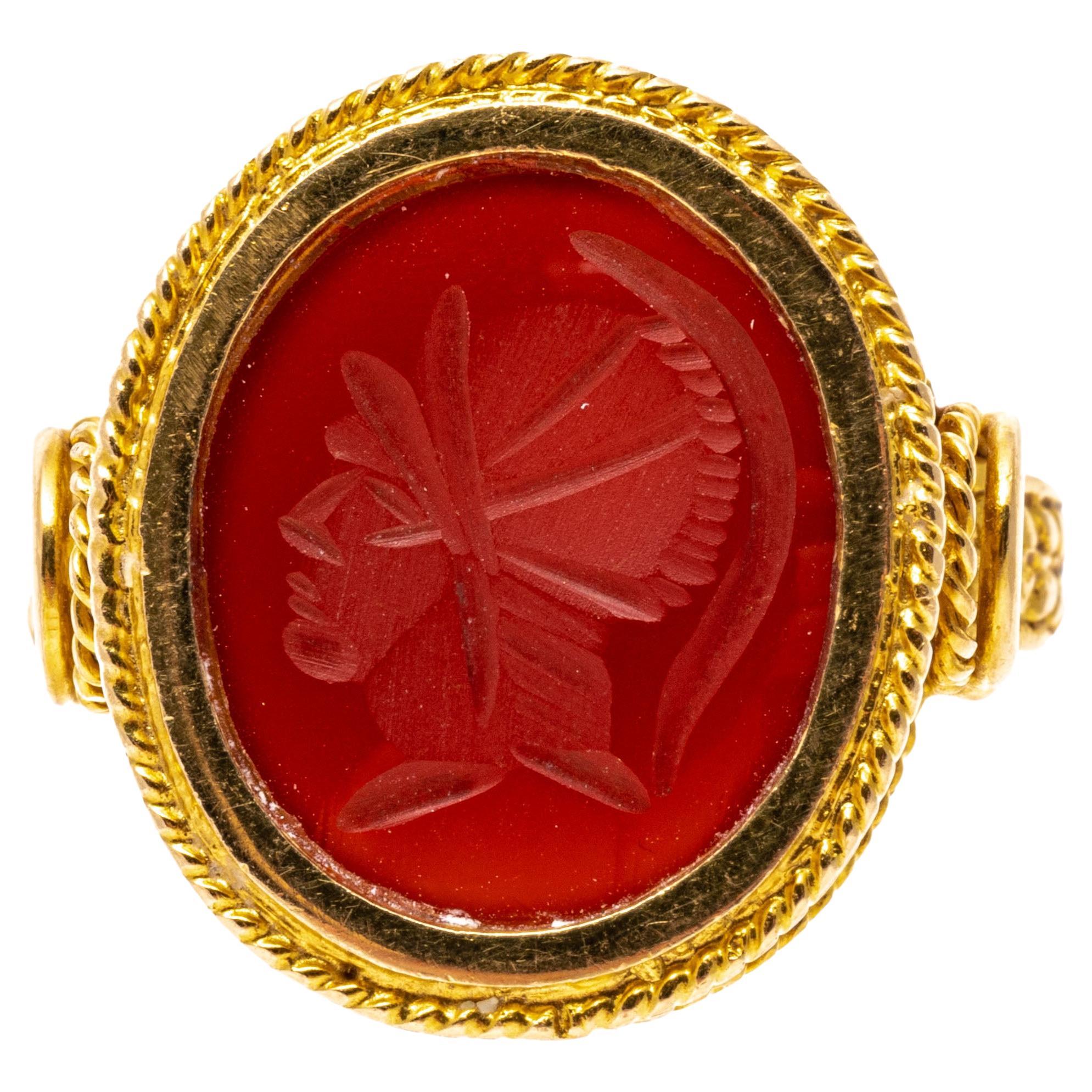18k Yellow Gold Contemporary Ornate Carnelian Intaglio Ring For Sale