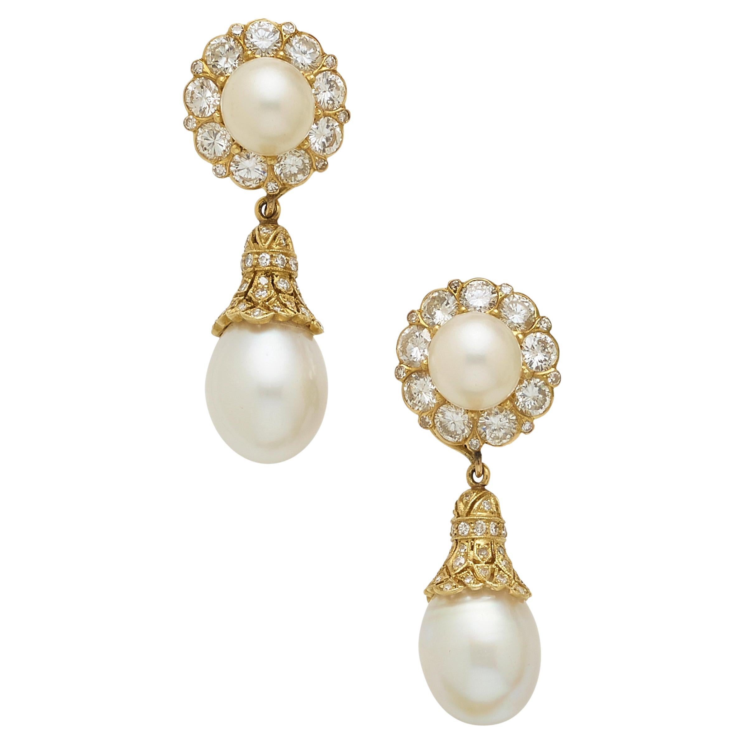 18k Yellow Gold Convertible "Day/Night" Cultured Pearl Ear Clips 3.50 ct Dia