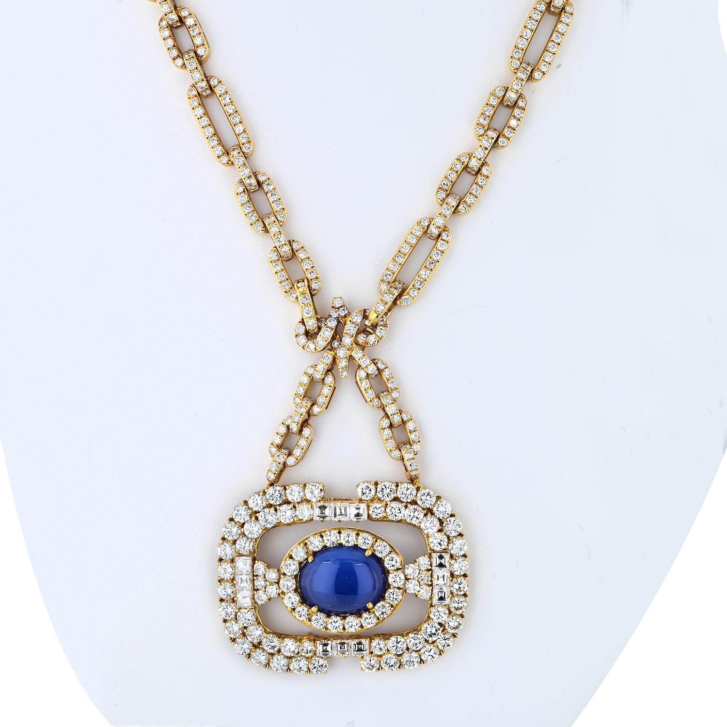 Modern 18 Karat Yellow Gold Convertible Diamond Link Chain and Sapphire Necklace