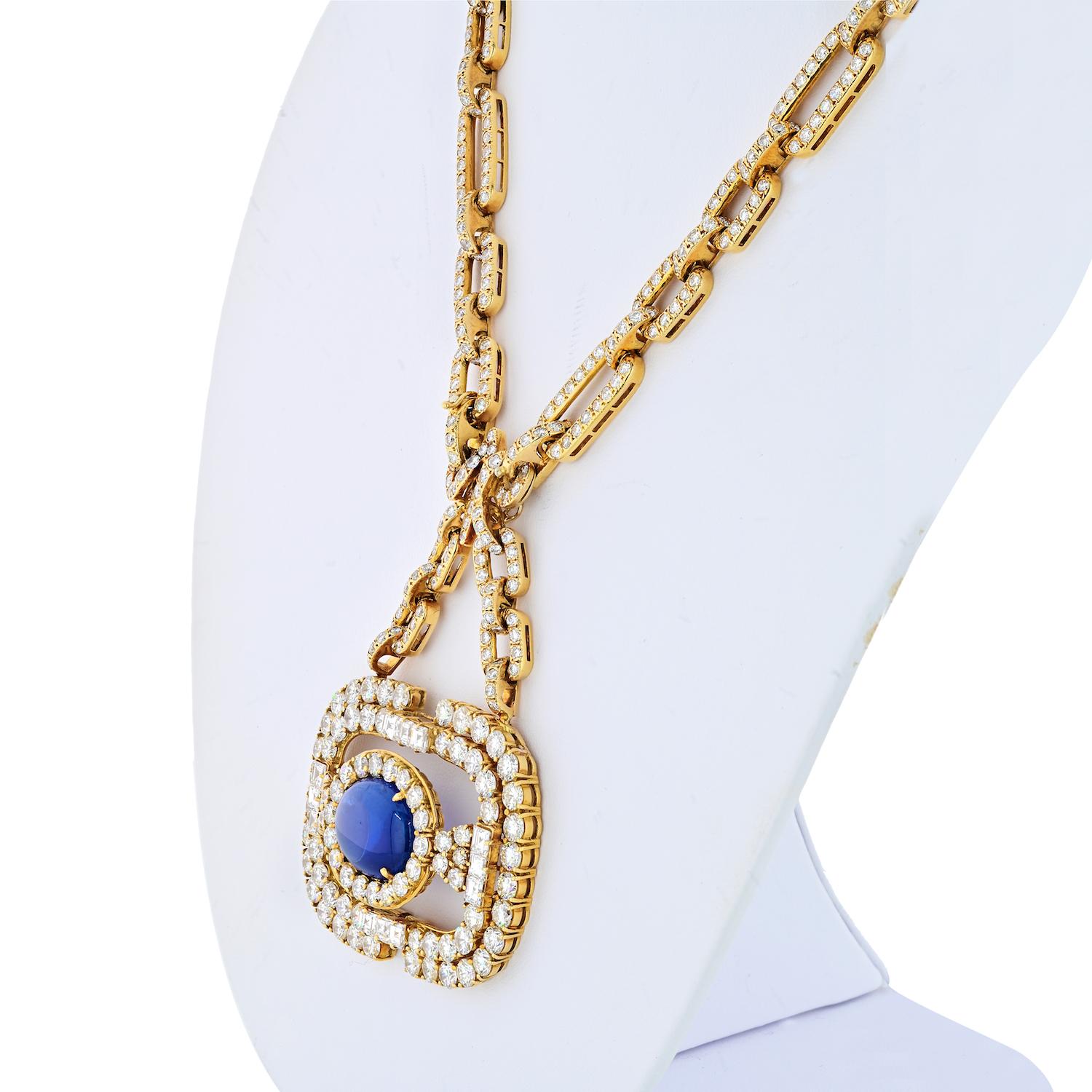 Oval Cut 18 Karat Yellow Gold Convertible Diamond Link Chain and Sapphire Necklace