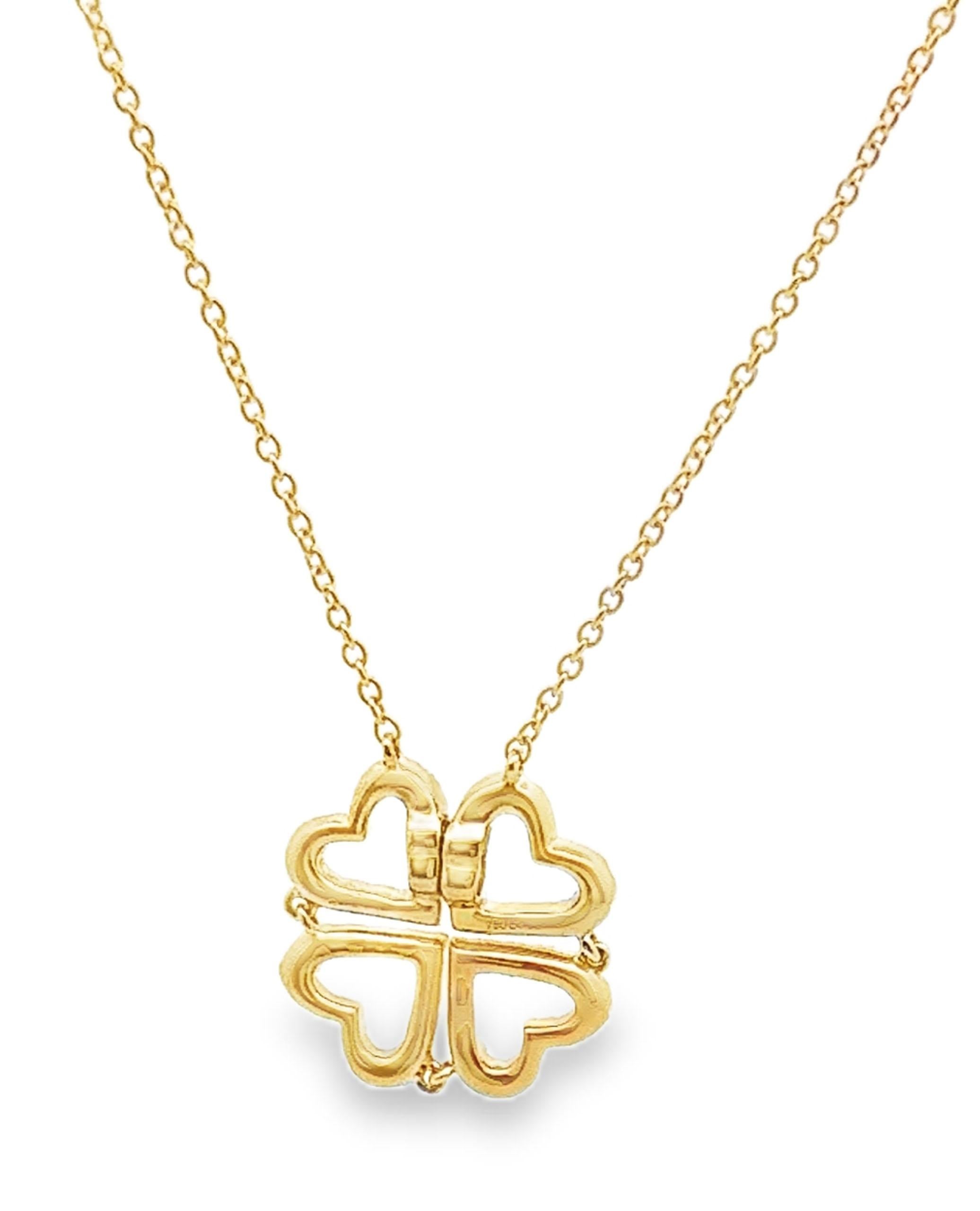 Contemporary 18K Yellow Gold Convertible Four Leaf Clover Four Heart Diamond Necklace For Sale