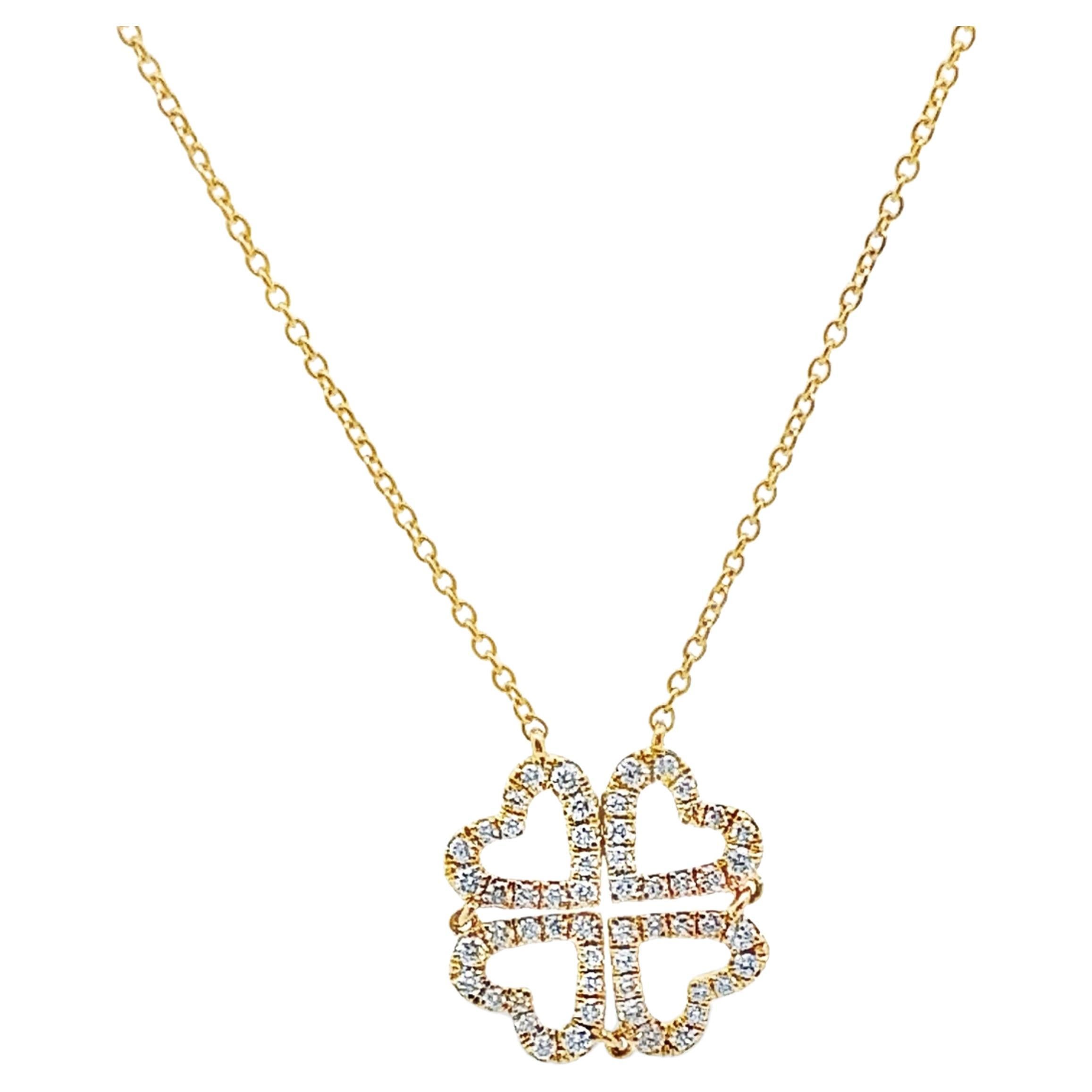 18K Yellow Gold Convertible Four Leaf Clover Four Heart Diamond Necklace For Sale
