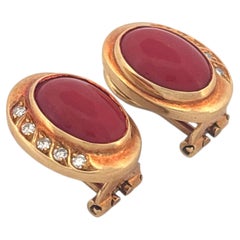 18K Yellow Gold Coral and Diamond Lever Back Earrings