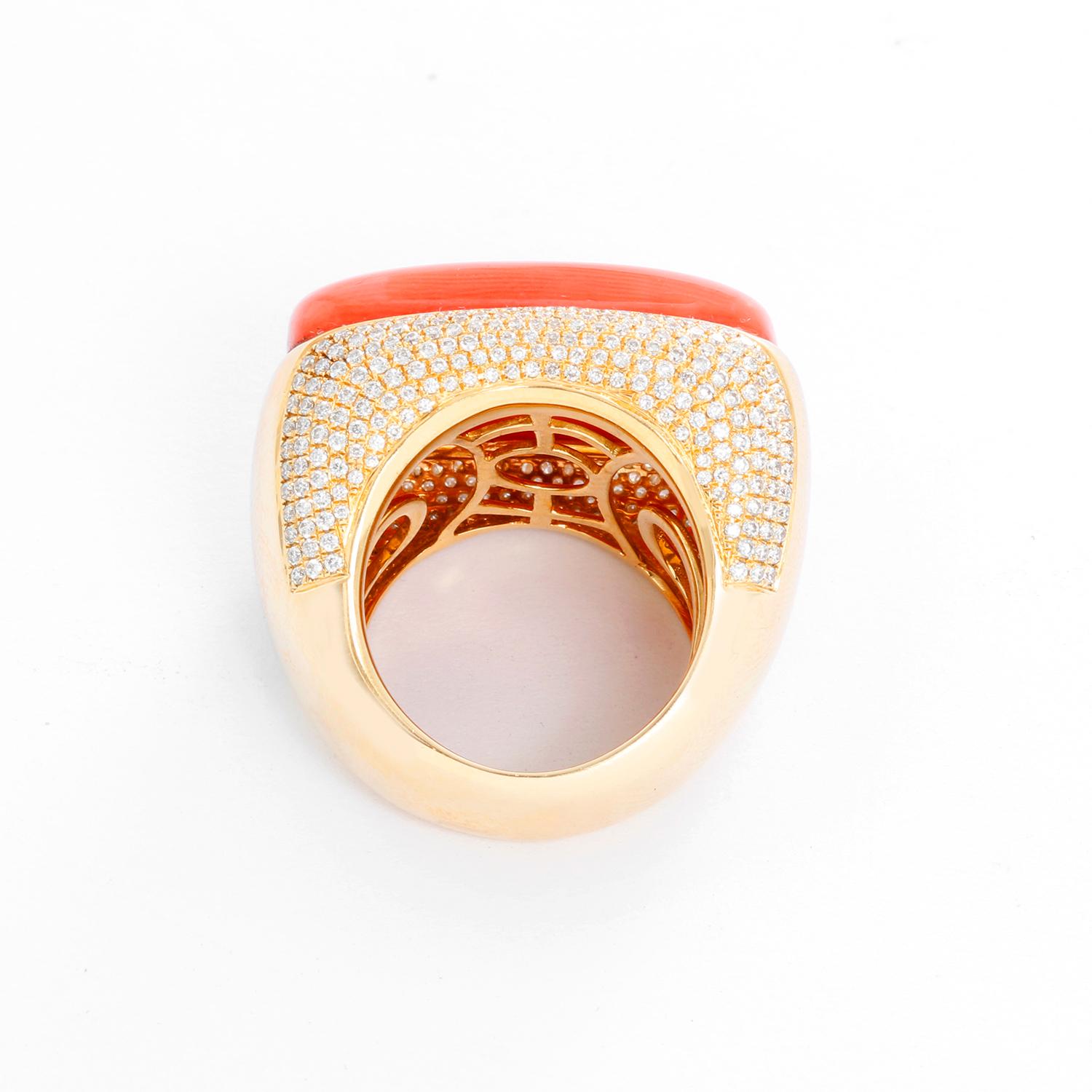 Women's 18 Karat Yellow Gold Coral and Diamond Ring