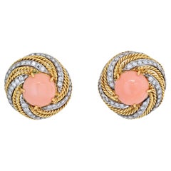 18K Yellow Gold Coral and Diamond Swirl Bombe Earrings