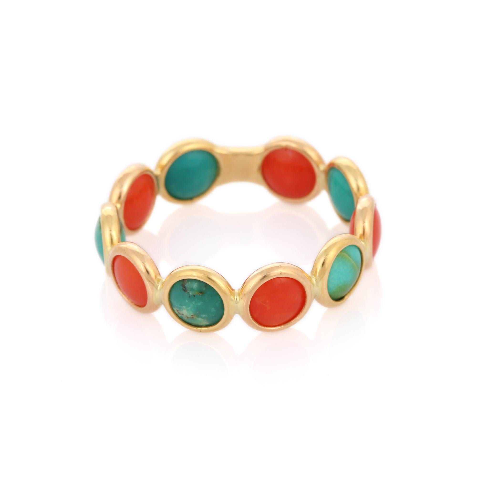 For Sale:  18k Solid Yellow Gold Coral and Turquoise Eternity Band 5