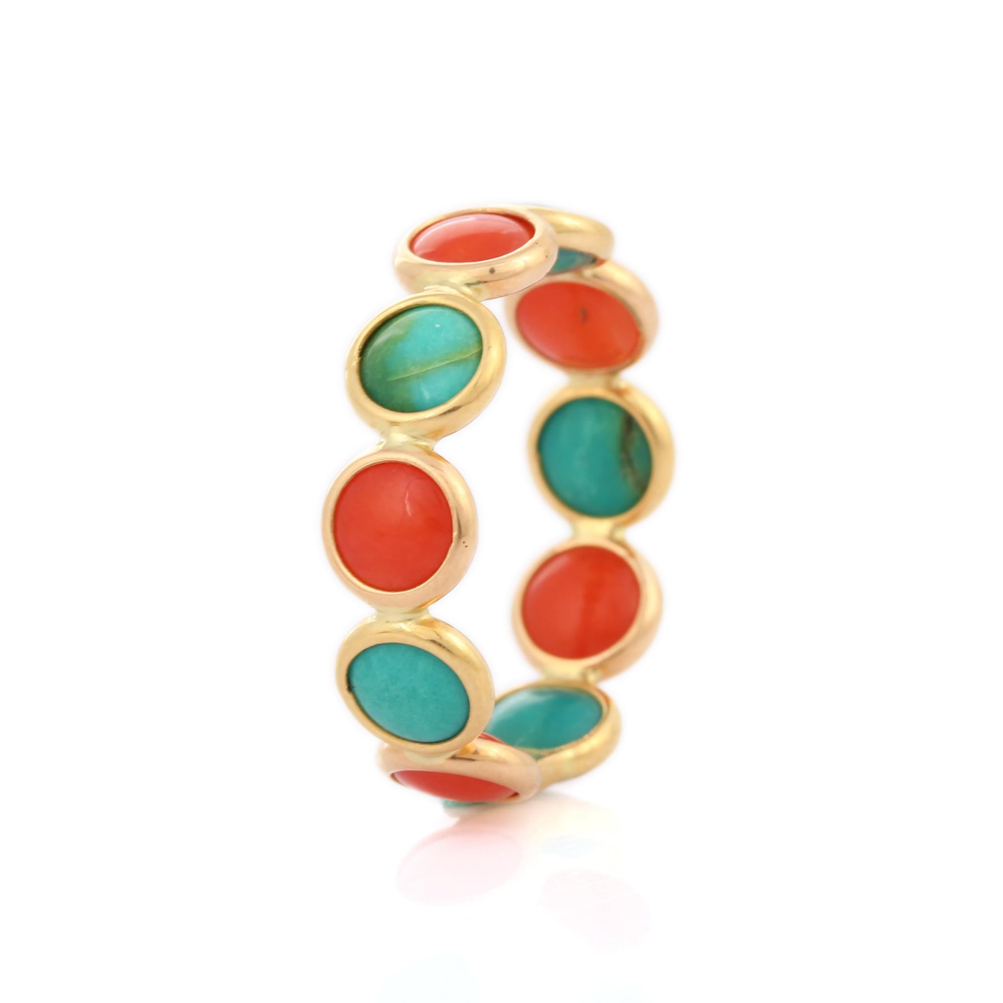 For Sale:  18k Solid Yellow Gold Coral and Turquoise Eternity Band 6