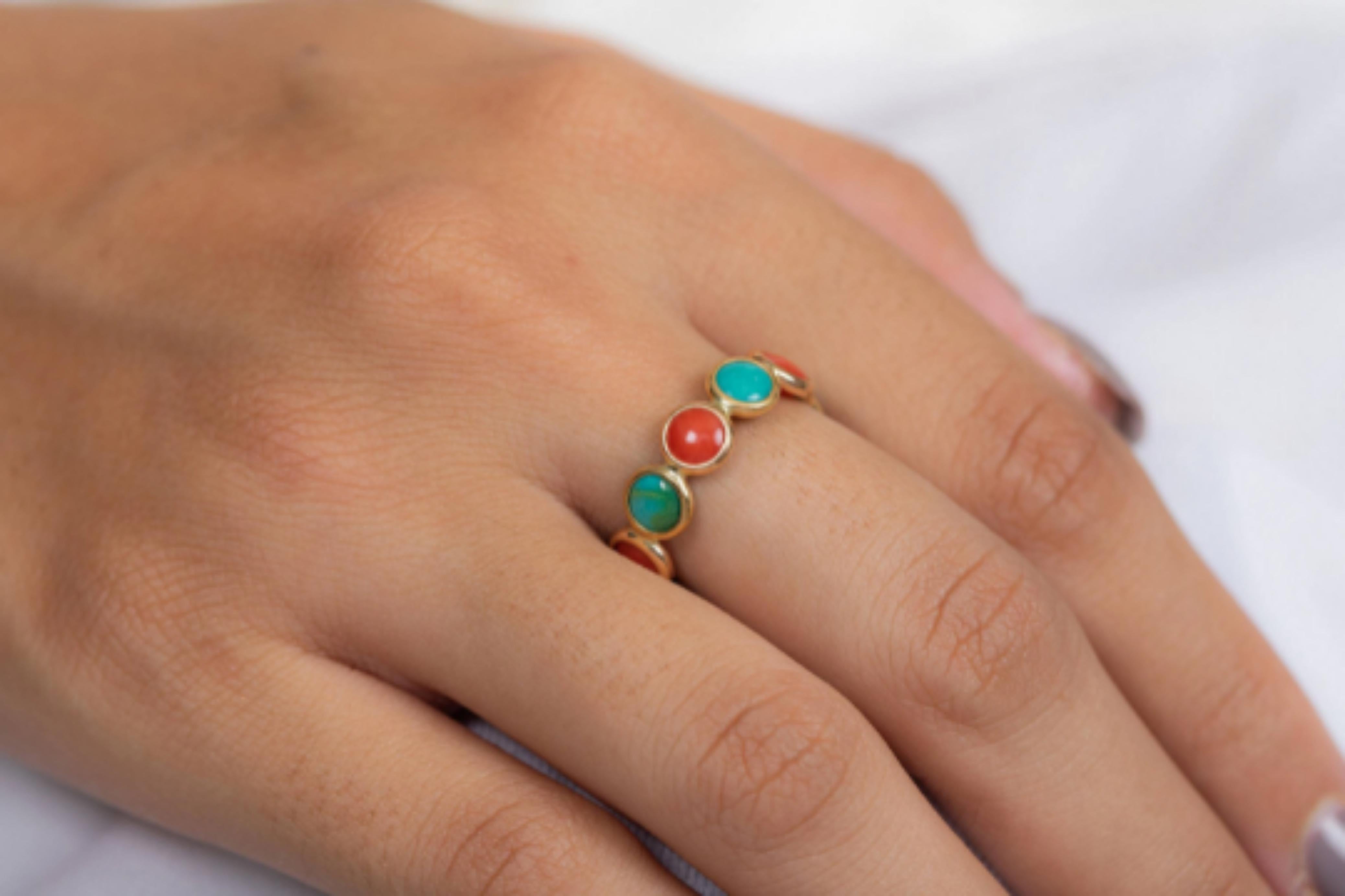 For Sale:  18k Solid Yellow Gold Coral and Turquoise Eternity Band 4