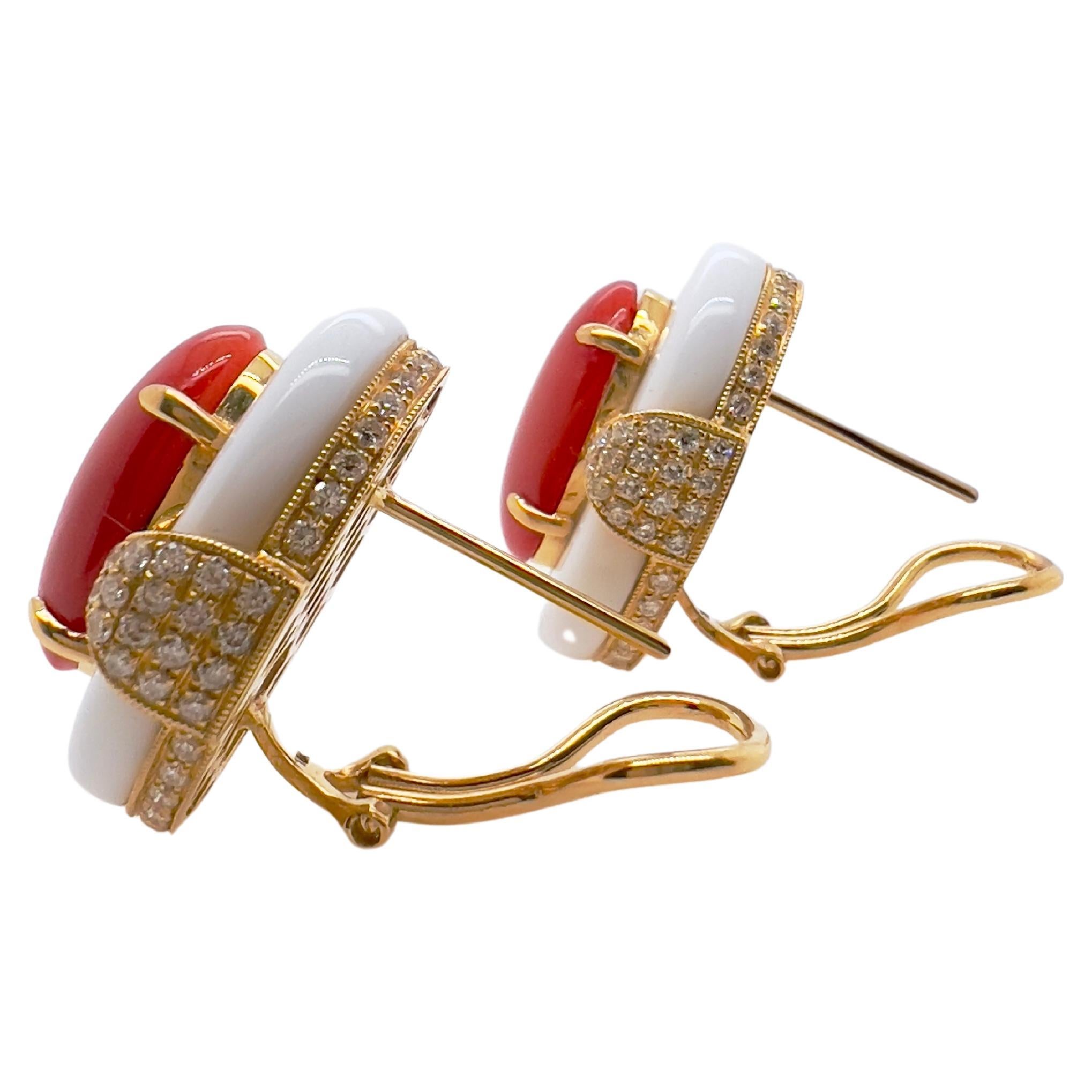 Contemporary 18k Yellow Gold Coral and White Agate Earrings with Diamonds For Sale