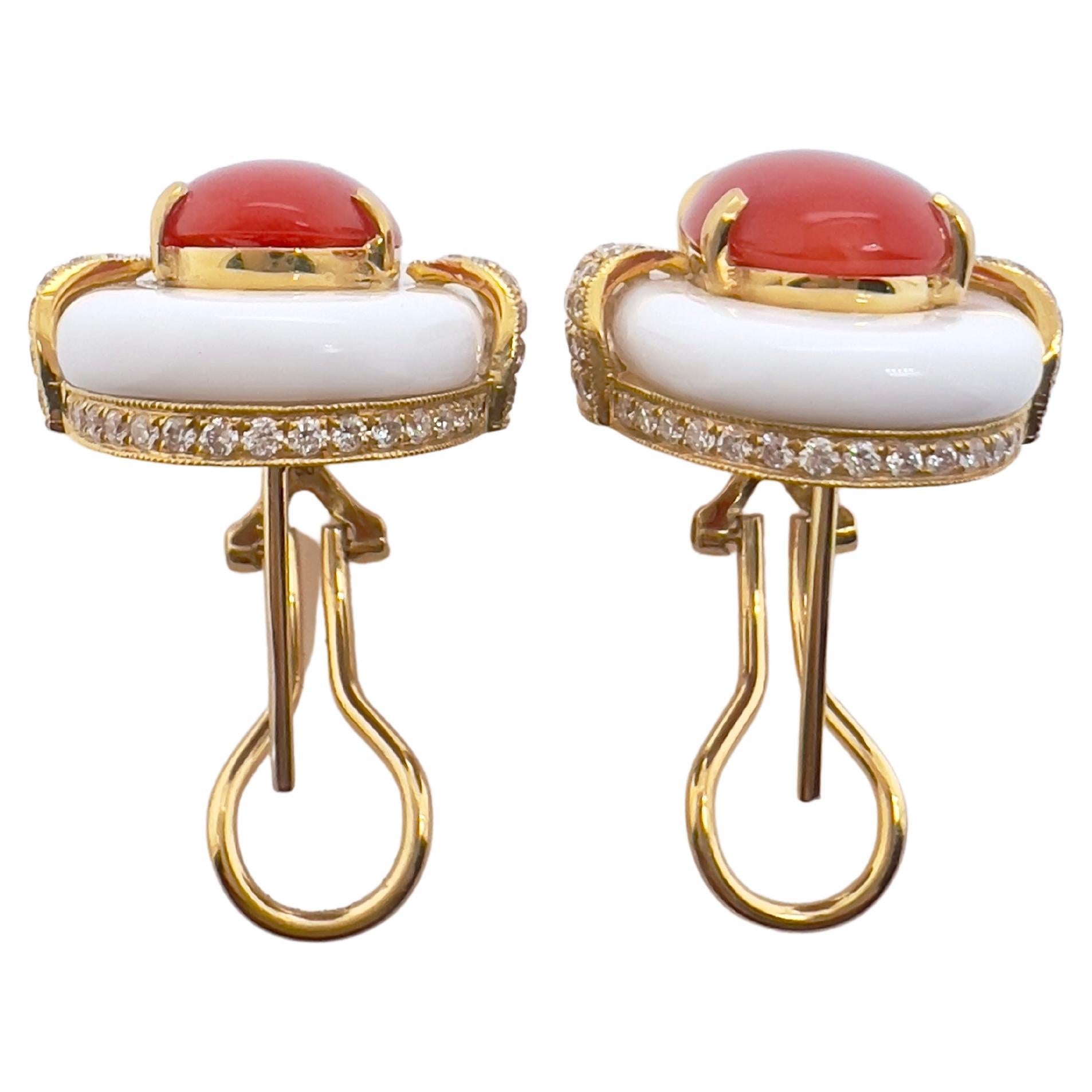 Cabochon 18k Yellow Gold Coral and White Agate Earrings with Diamonds For Sale