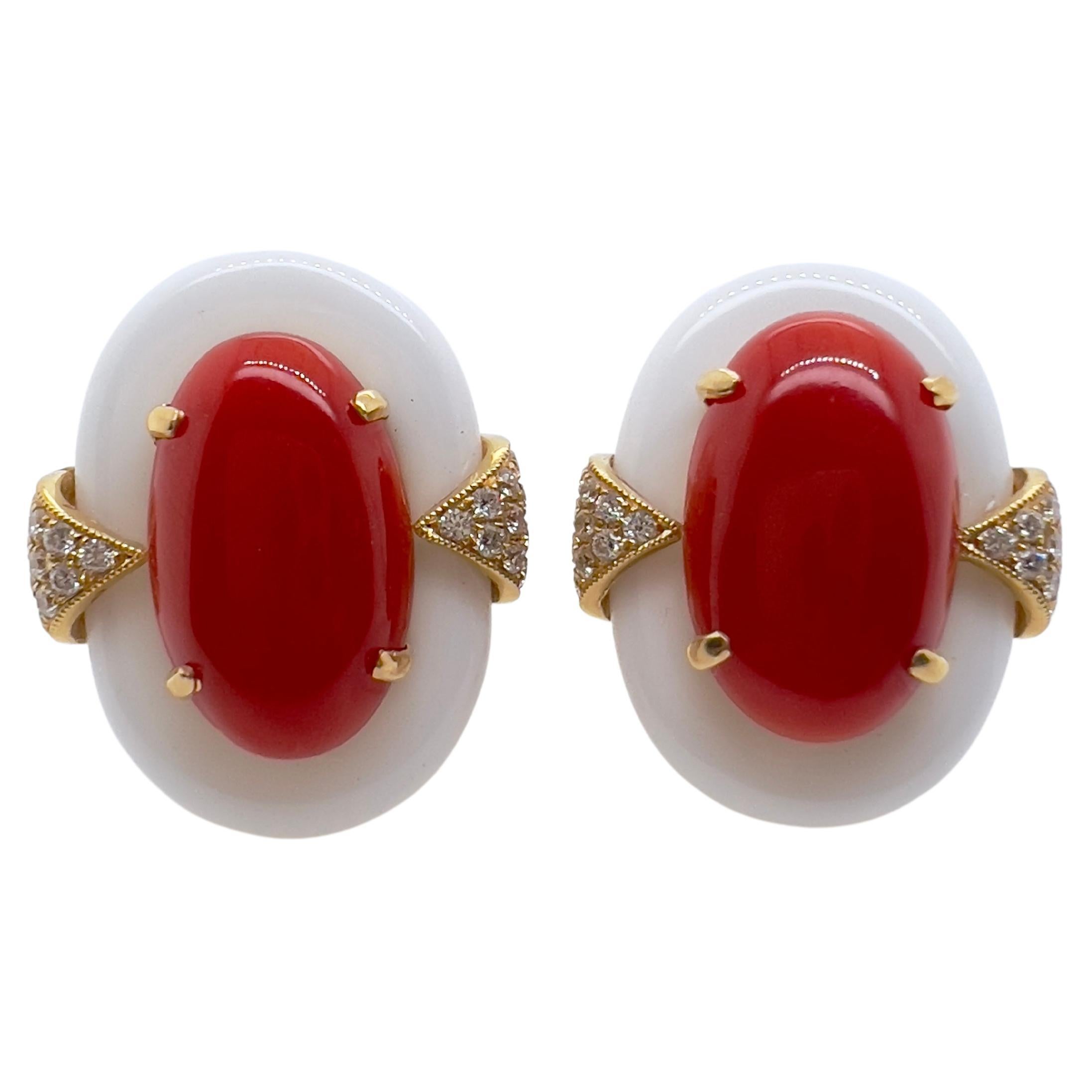 18k Yellow Gold Coral and White Agate Earrings with Diamonds For Sale