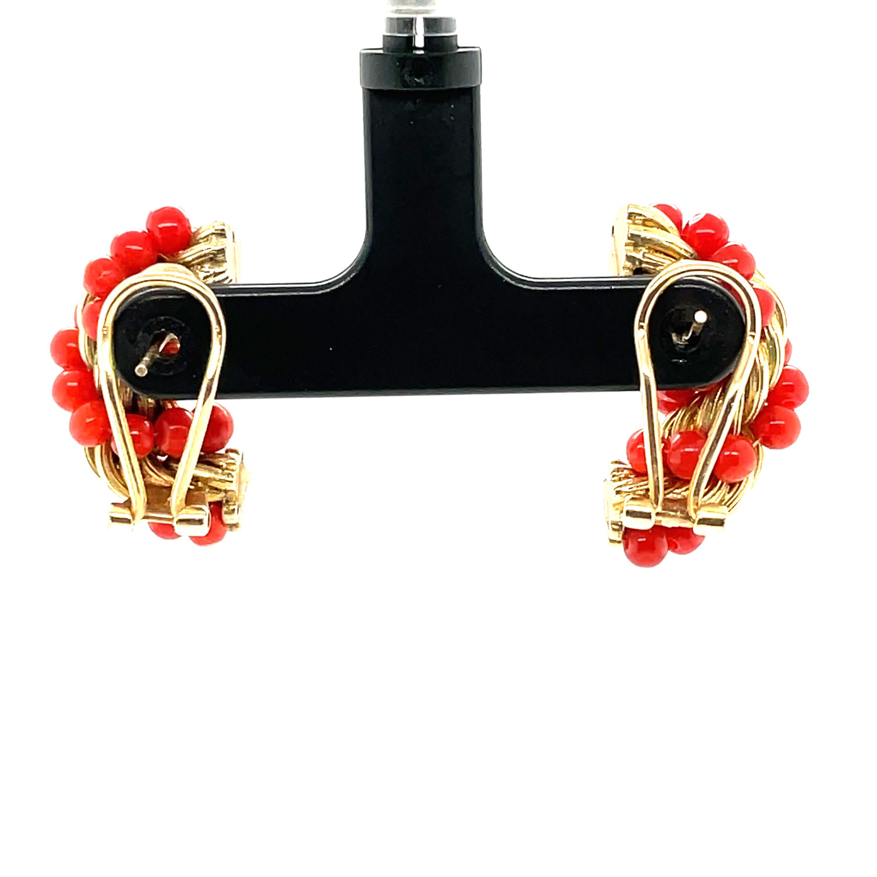 Retro 18k Yellow Gold Coral Bead Earrings For Sale