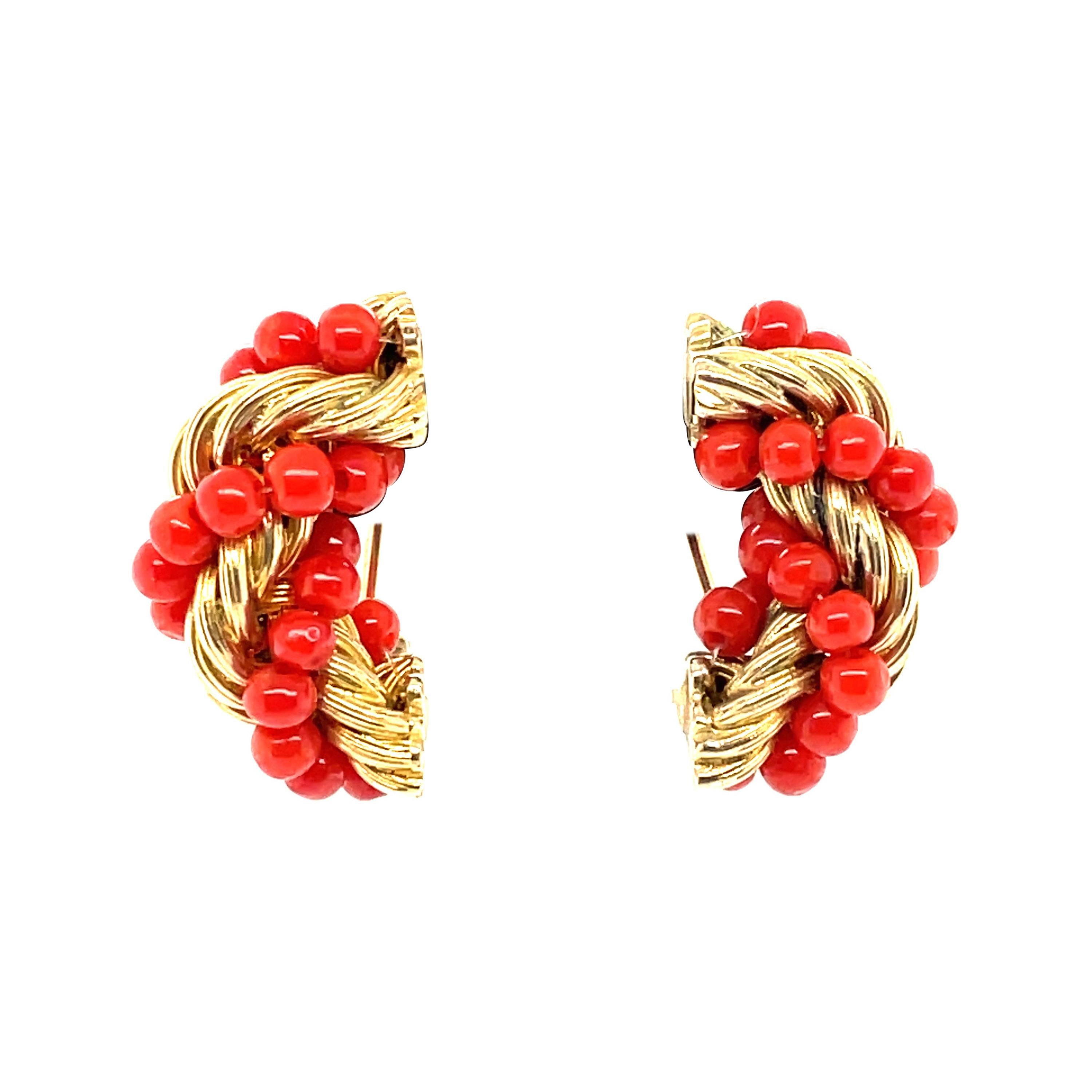 18k Yellow Gold Coral Bead Earrings For Sale