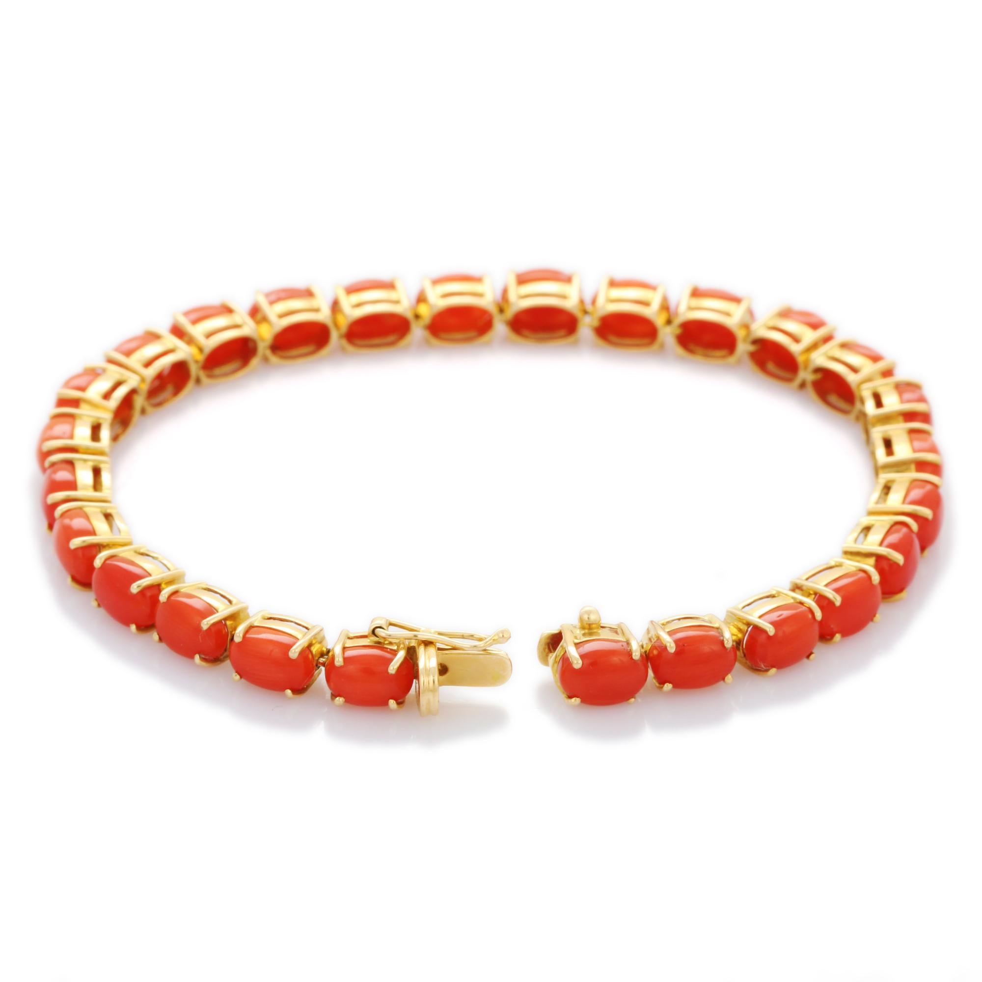 Taille ovale 18kt Solide  Bracelet tennis en or jaune et corail avec pierres précieuses en vente