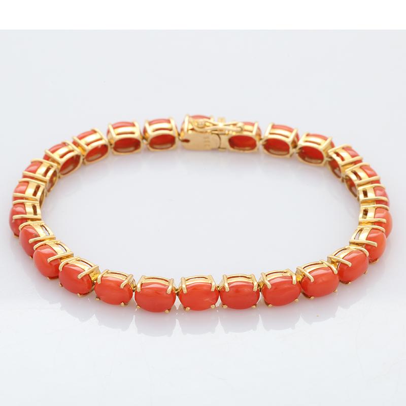 Modern 18kt Solid  Yellow Gold Coral Gemstone Tennis Bracelet For Sale