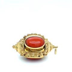 18k Yellow Gold Coral Cabochon Ornate Pendant 14.5g 1-3/4" x 7/8"