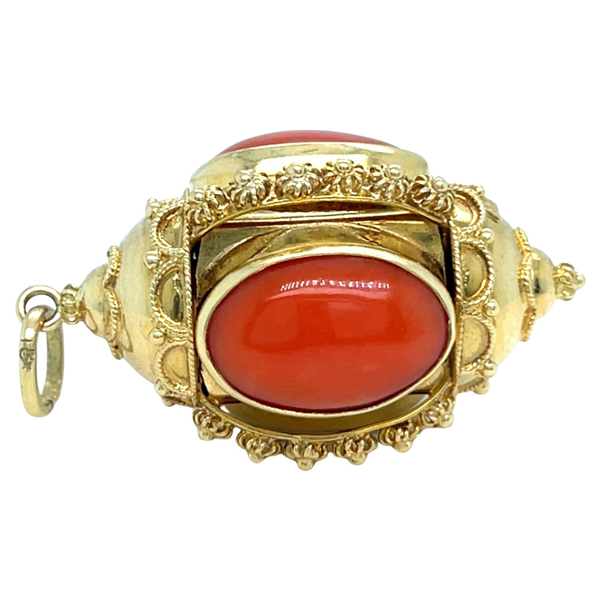18k Yellow Gold Coral Cabochon Ornate Pendant 14.5g 1-3/4" x 7/8"