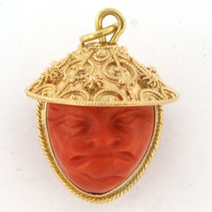 18K Yellow Gold Coral Chinese Head Pendant, Mediterranean Origin, 12.2g