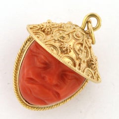 18K Yellow Gold Coral Chinese Head Pendant, Mediterranean Origin, 12.2g