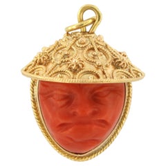 18K Yellow Gold Coral Chinese Head Pendant, Mediterranean Origin, 12.2g