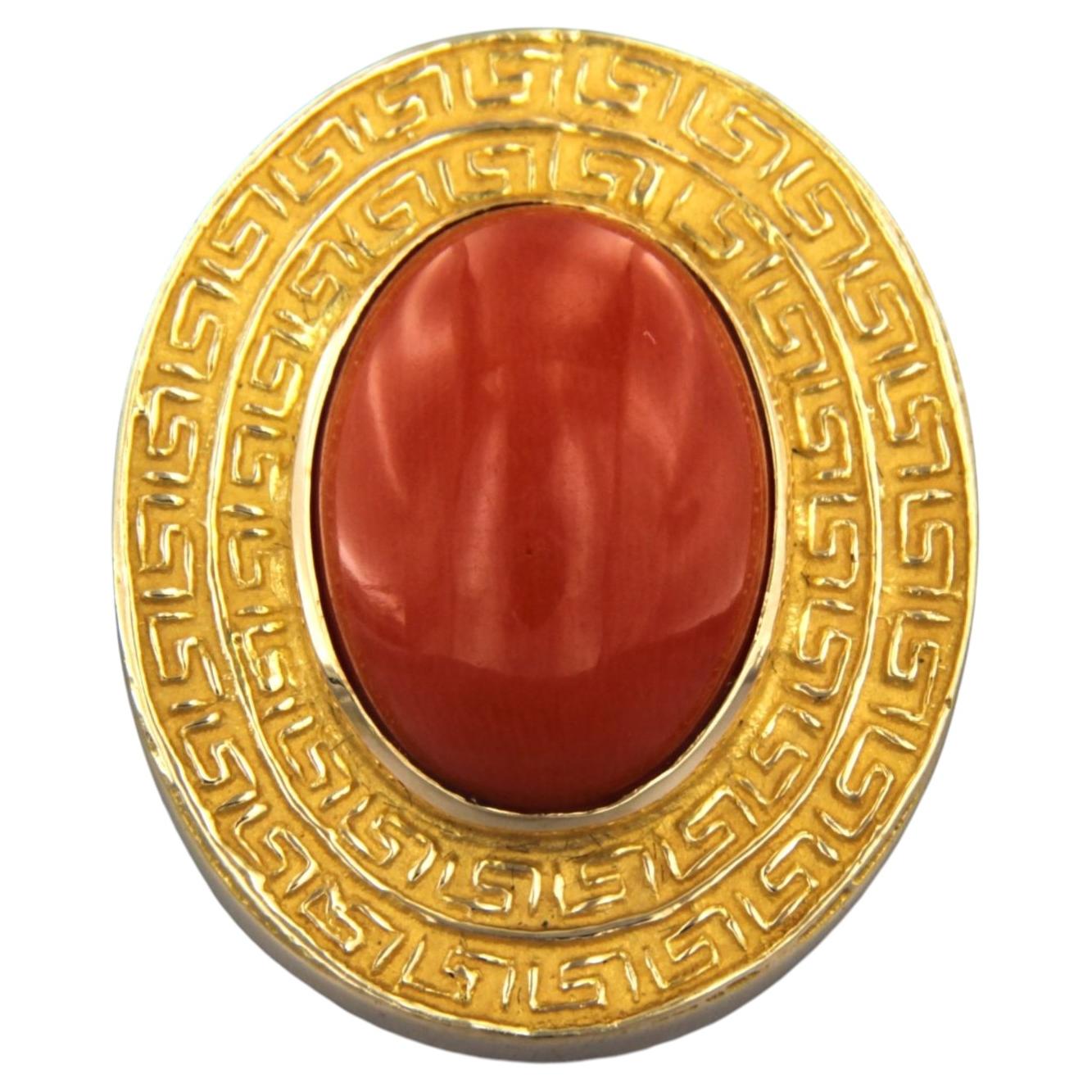 Bague cocktail en or jaune 18k, corail, origine méditerranéenne, taille 6.5
