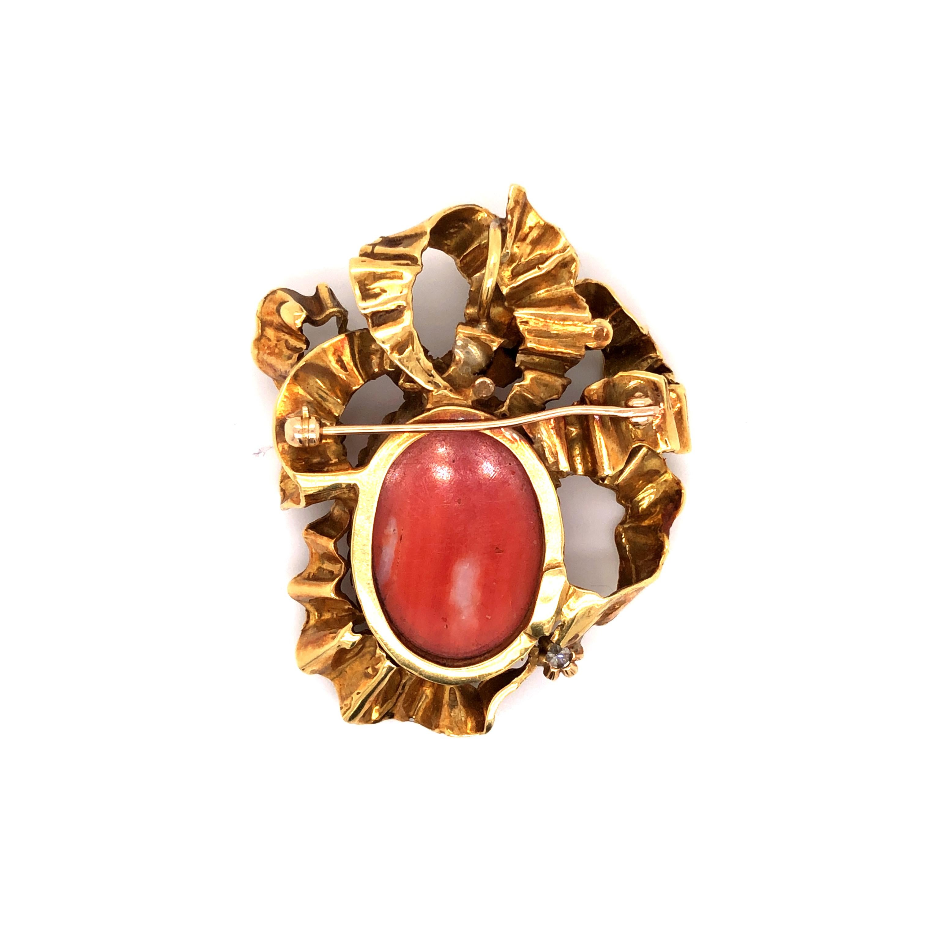 18 Karat Yellow Gold Coral Diamond Sapphire Brooch Pendant In Good Condition For Sale In New York, NY
