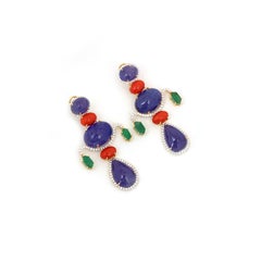 18k Yellow Gold Coral Emerald And Tanzanite With Diamond Statement Earrings