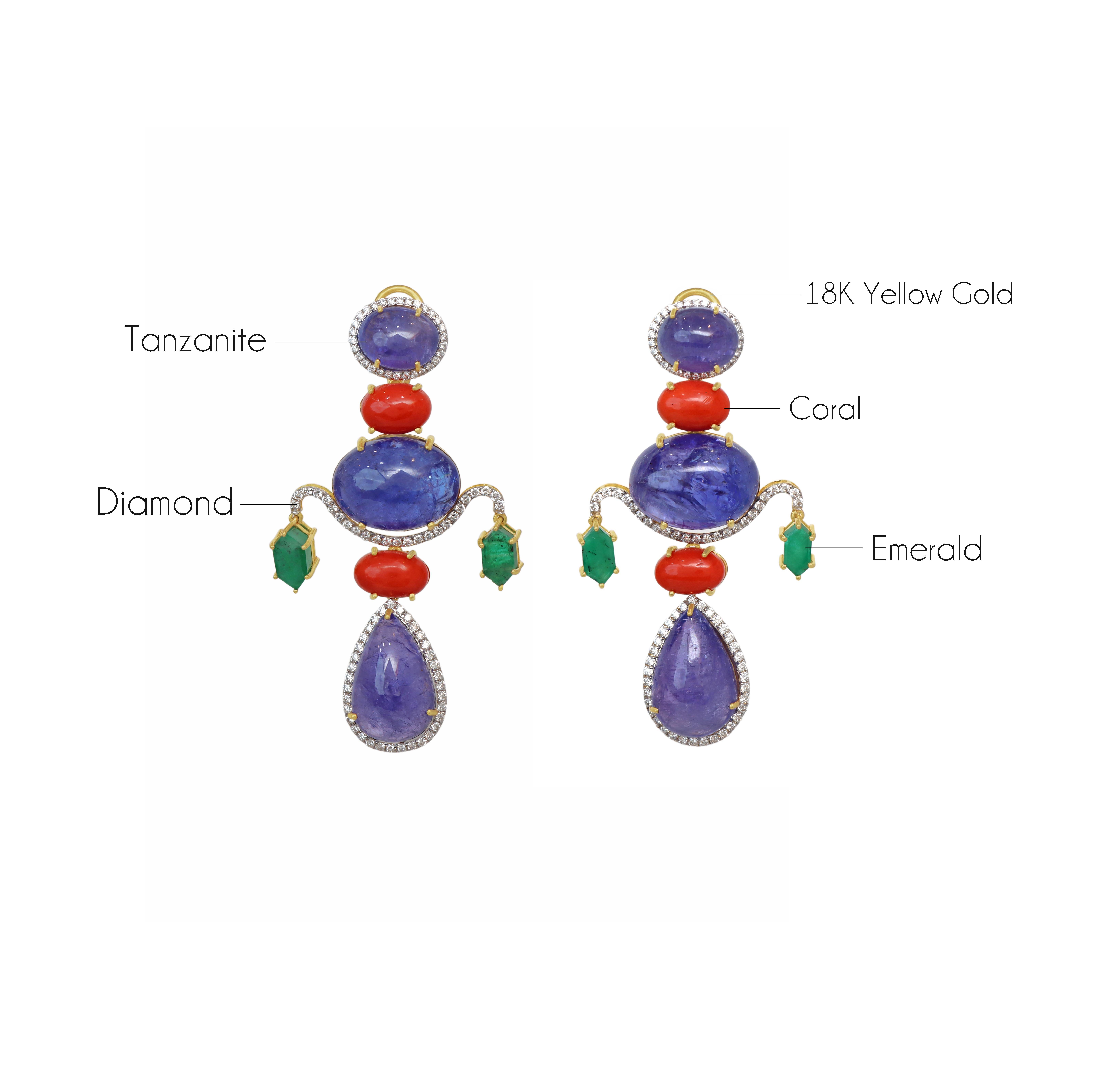 18k Gelbgold Koralle Smaragd und Tansanit mit Diamant Statement-Ohrringe (Cabochon) im Angebot