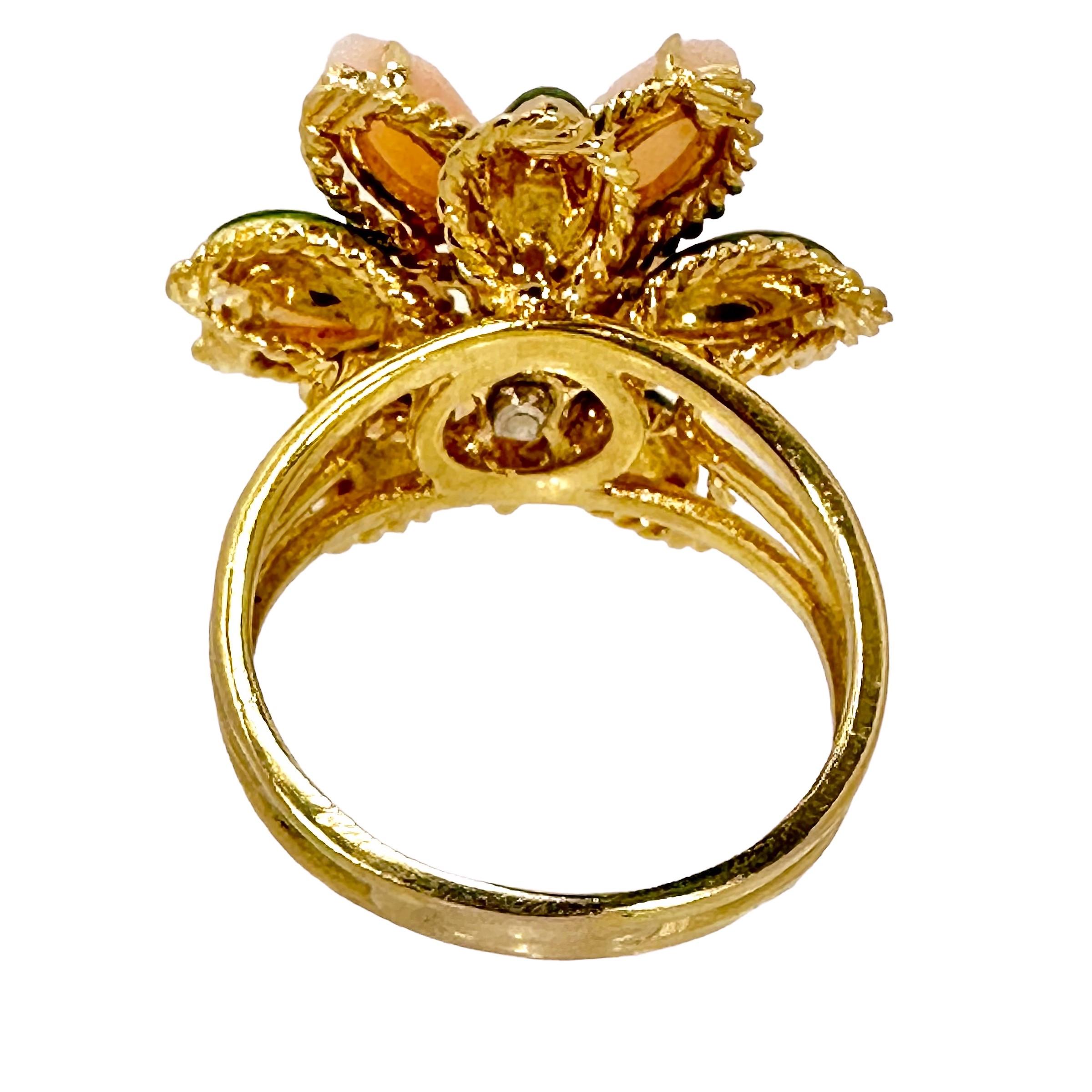 Modern 18k Yellow Gold, Coral, Enamel and Diamond Flower Motif Italian Fashion Ring  For Sale