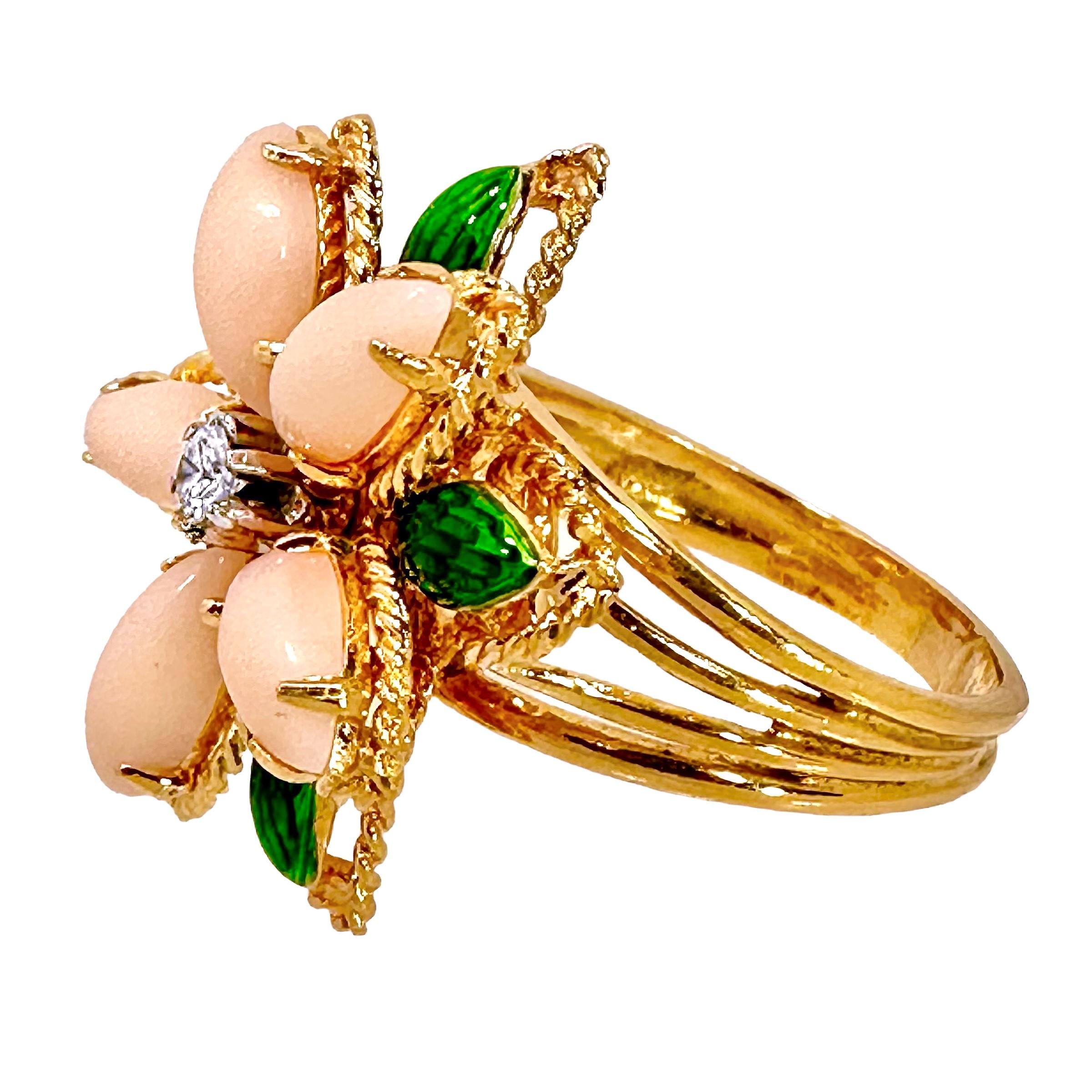 Brilliant Cut 18k Yellow Gold, Coral, Enamel and Diamond Flower Motif Italian Fashion Ring  For Sale