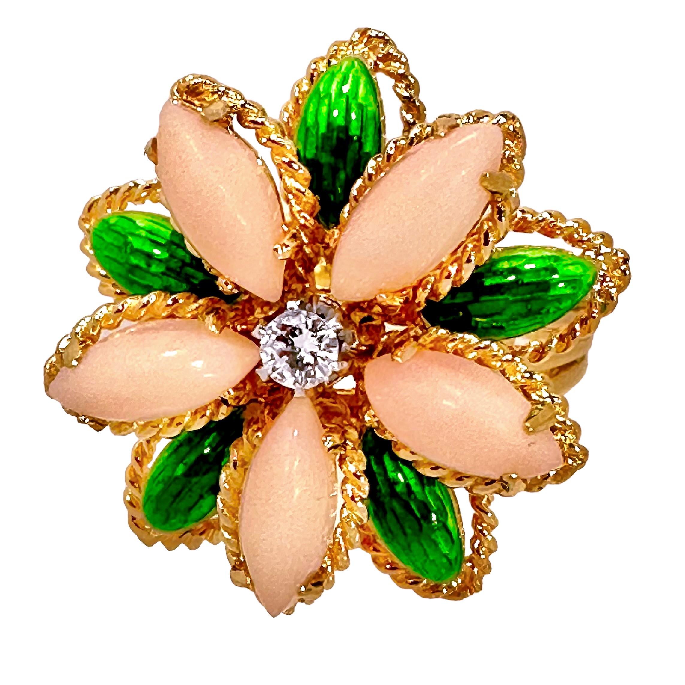 18k Yellow Gold, Coral, Enamel and Diamond Flower Motif Italian Fashion Ring  In Good Condition For Sale In Palm Beach, FL